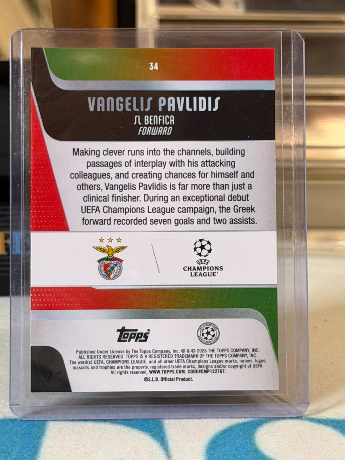 Vangelis Pavlidis 10/25 Orange Foil – 2025-26 Topps UEFA Club Competitions – Benfica trading card, back