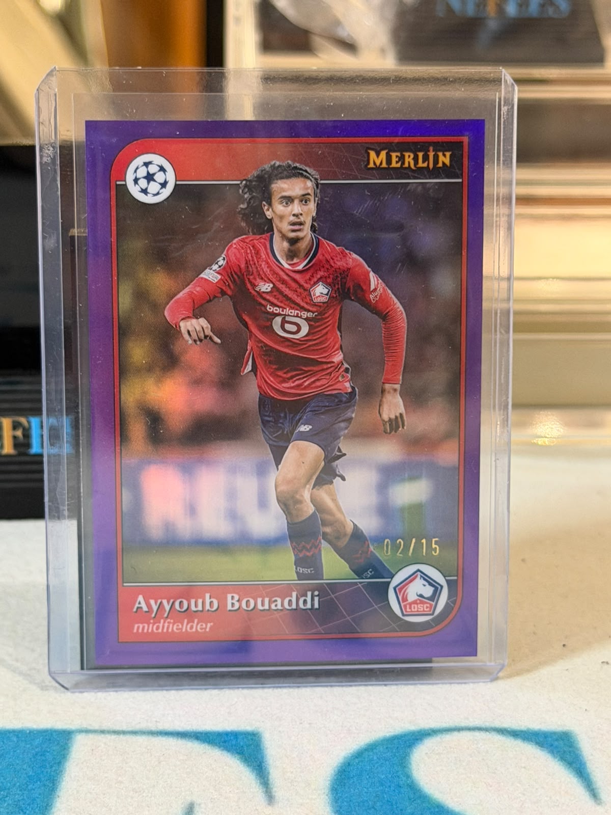 Ayyoub Bouaddi 02/15 Purple Refractor – Lille trading card, front