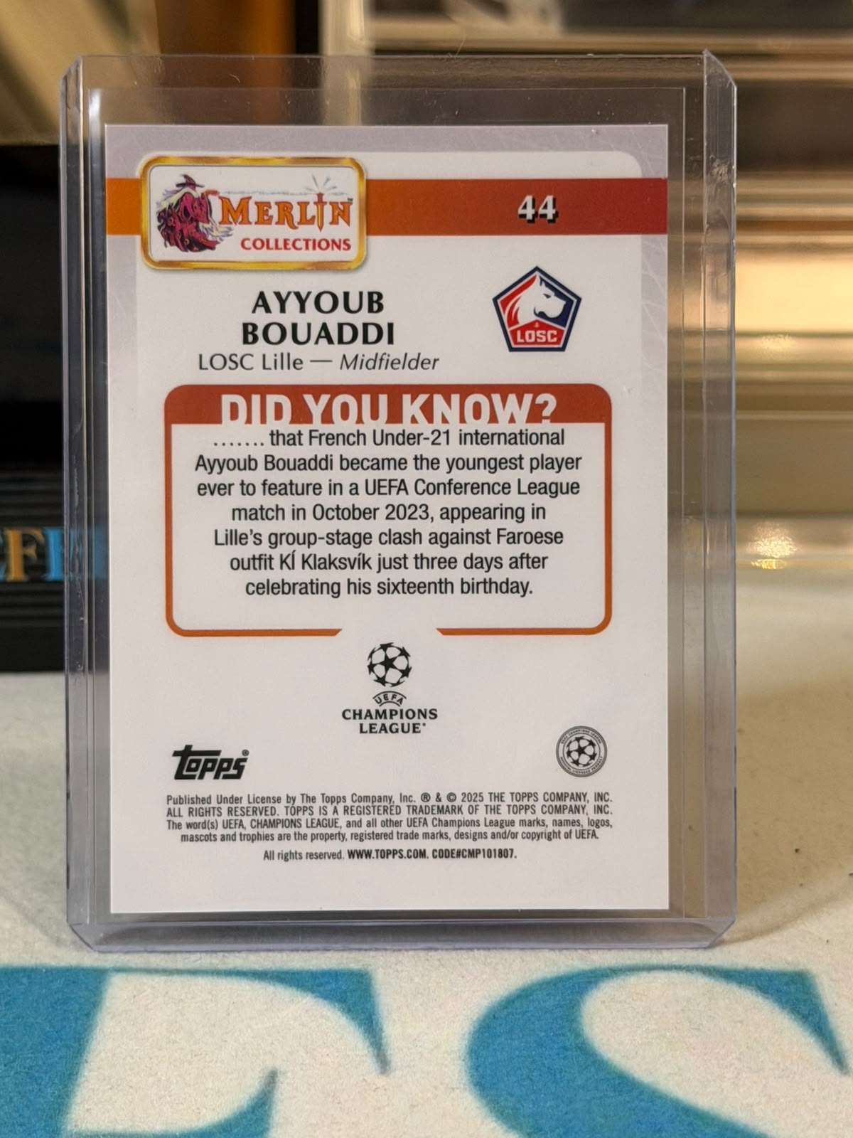 Ayyoub Bouaddi 02/15 Purple Refractor – Lille trading card, back