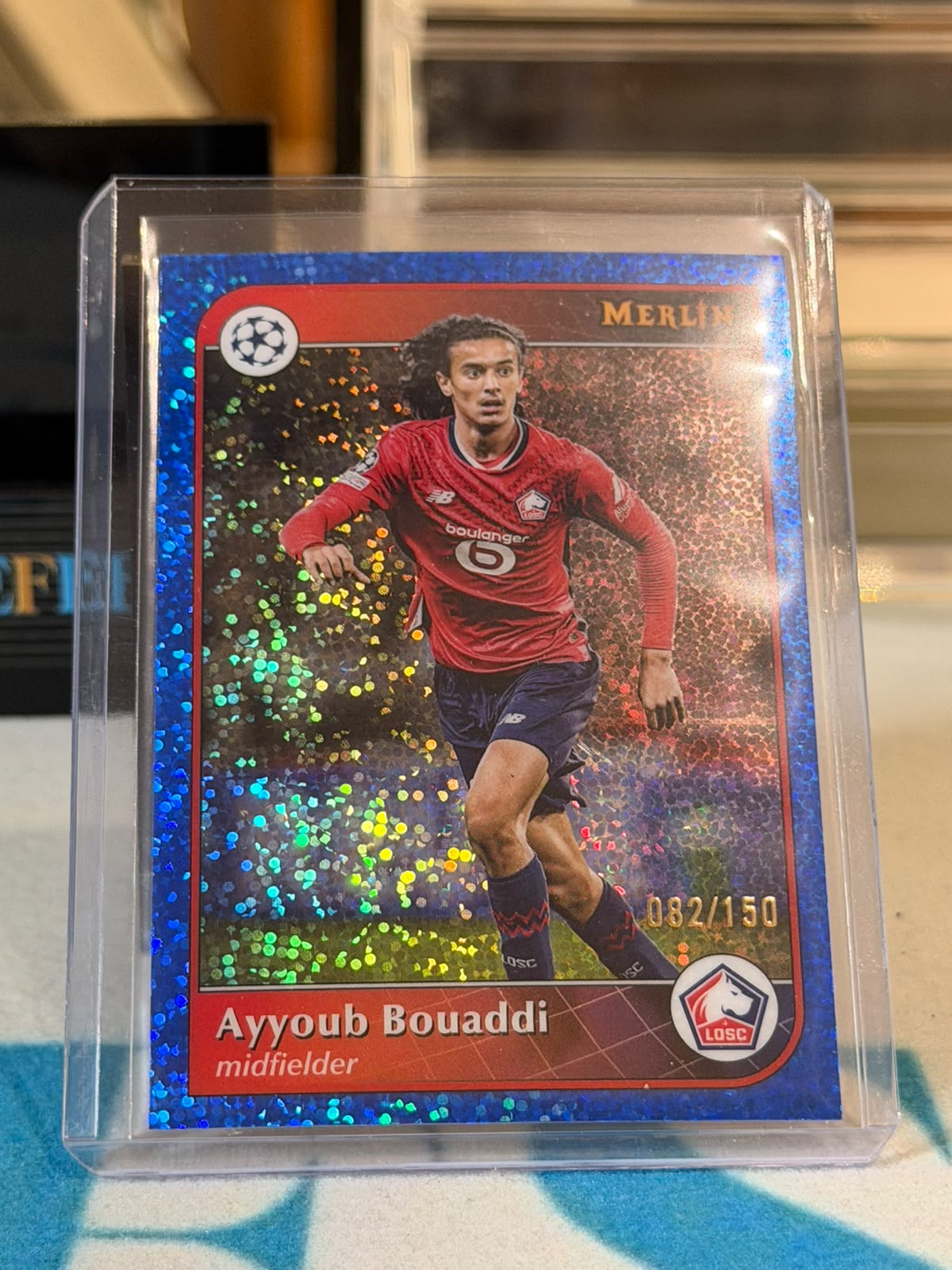 Ayyoub Bouaddi 082/150 Blue Speckle Refractor – Lille trading card, front