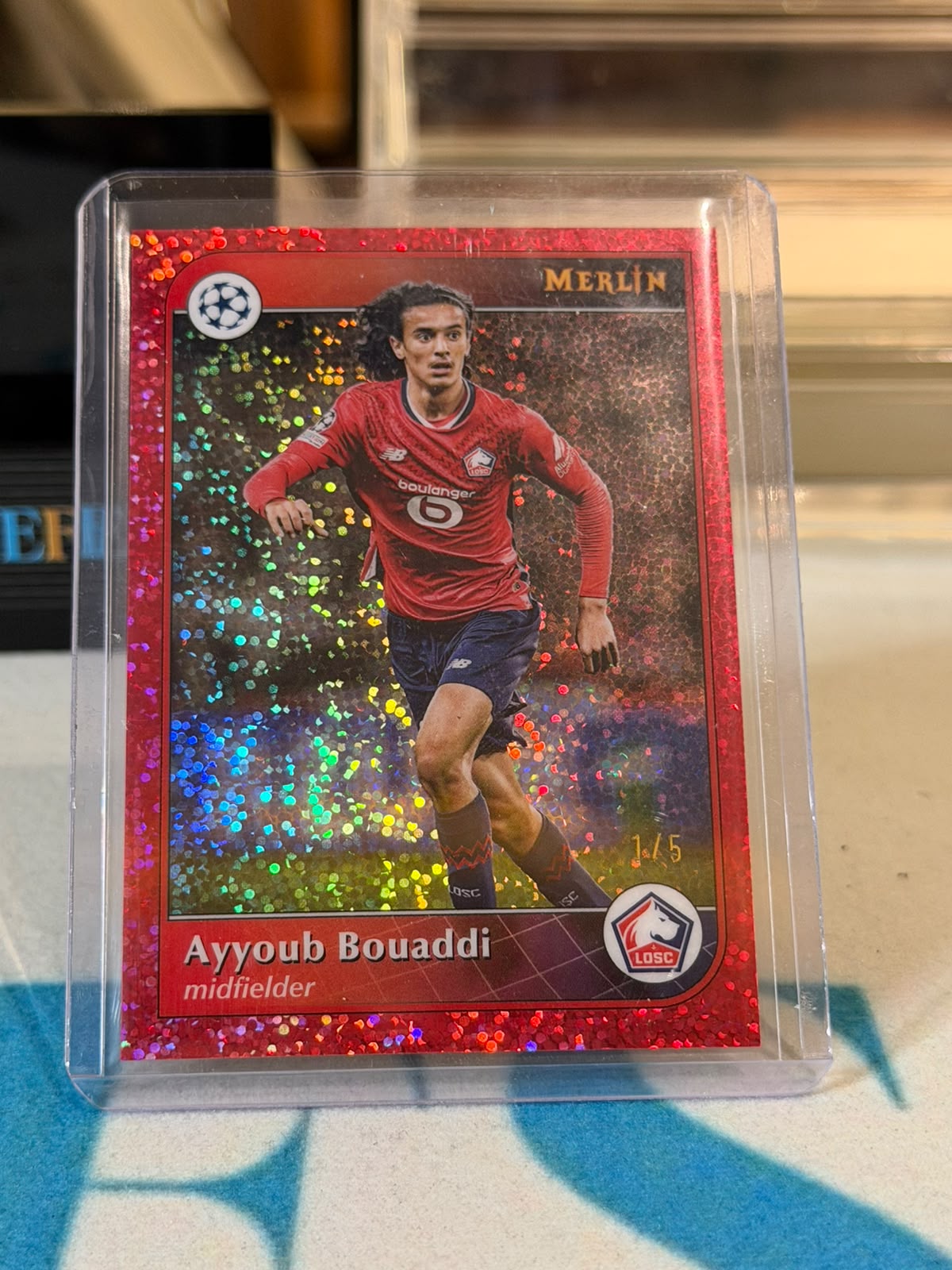 Ayyoub Bouaddi 1/5 Red Speckle Refractor – Lille trading card, front