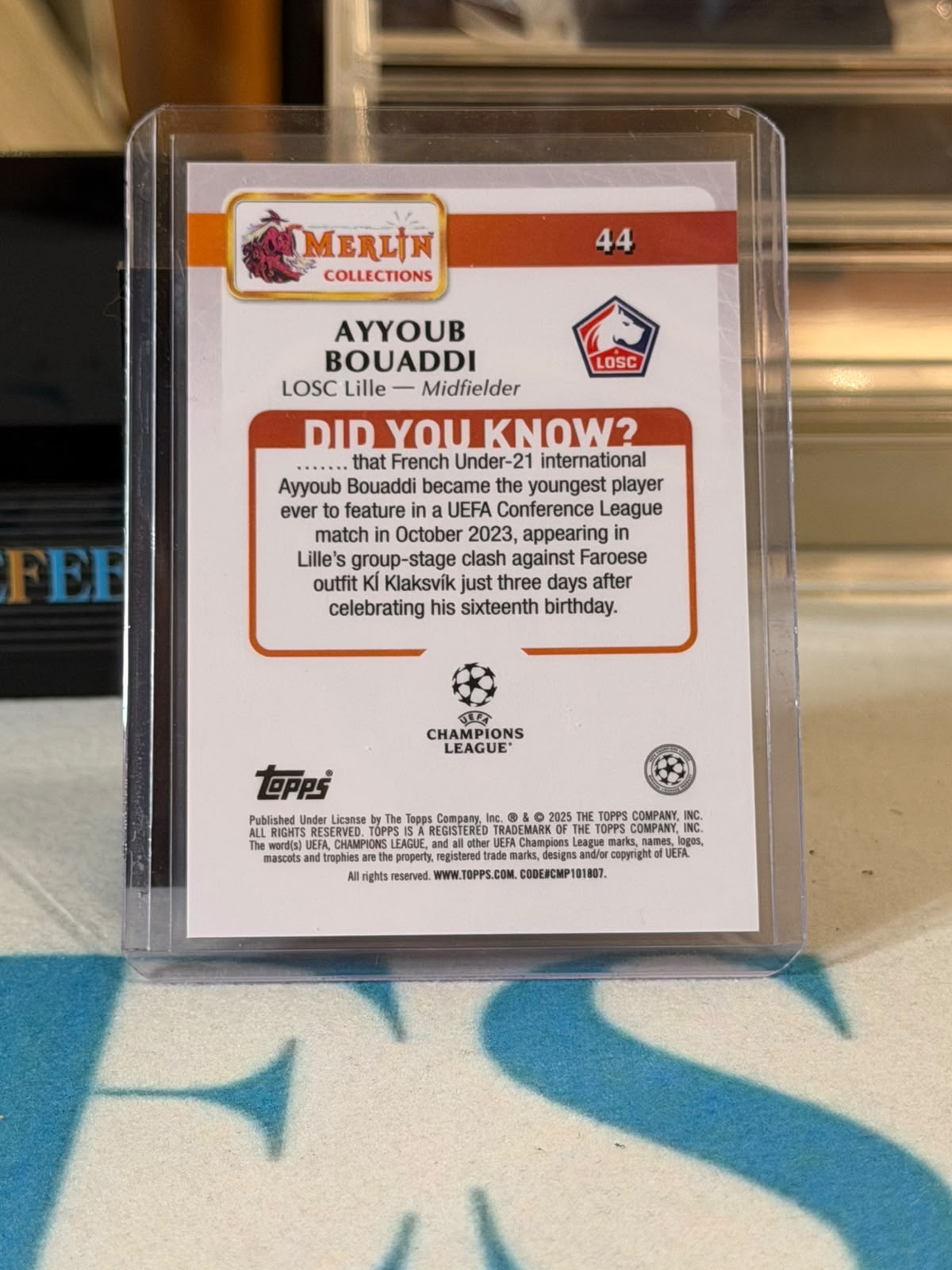 Ayyoub Bouaddi 1/5 Red Speckle Refractor – Lille trading card, back
