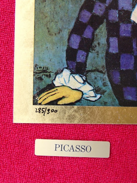 "Thoughtful Harlequin" gold lithograph by Pablo Picasso — detail view
