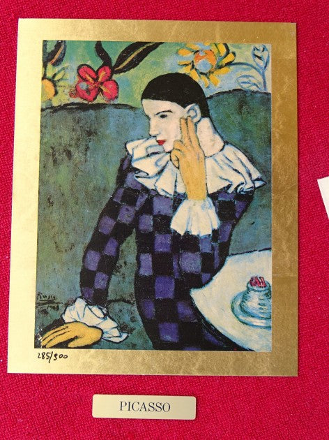 "Thoughtful Harlequin" gold lithograph by Pablo Picasso — detail view