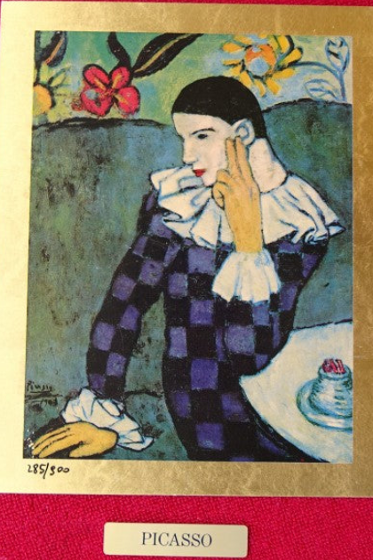 "Thoughtful Harlequin" gold lithograph by Pablo Picasso — full view