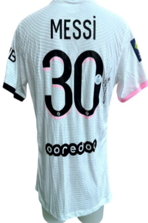 Lionel Messi Signed PSG Away Shirt 2021/22, back view with number 30 and signature
