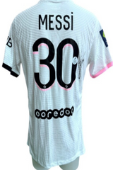 Lionel Messi Signed PSG Away Shirt 2021/22, back view with number 30 and signature