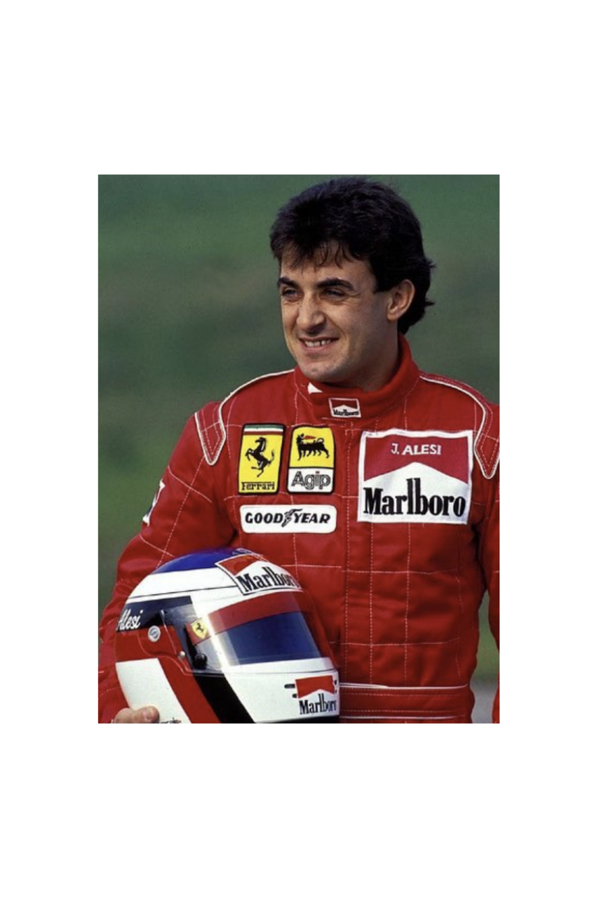 Close-up of Jean Alesi's signature on the Ferrari sweatshirt