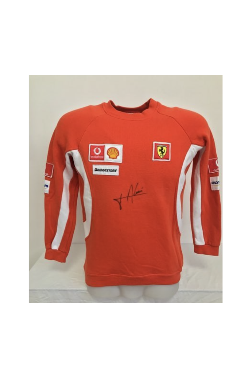 Official red Ferrari sweatshirt signed by Jean Alesi, front view