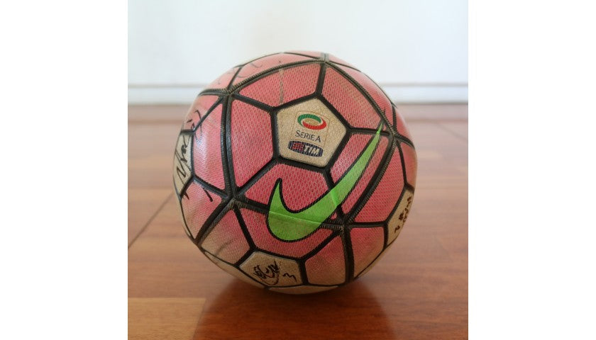 Detail of the Nike branding on the signed Juventus match ball
