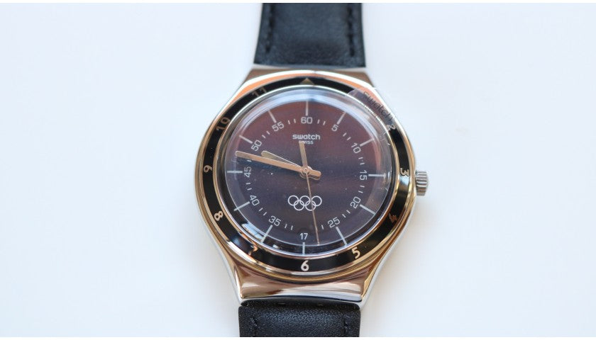 Swatch watch strap and case detail, Olympic rings edition