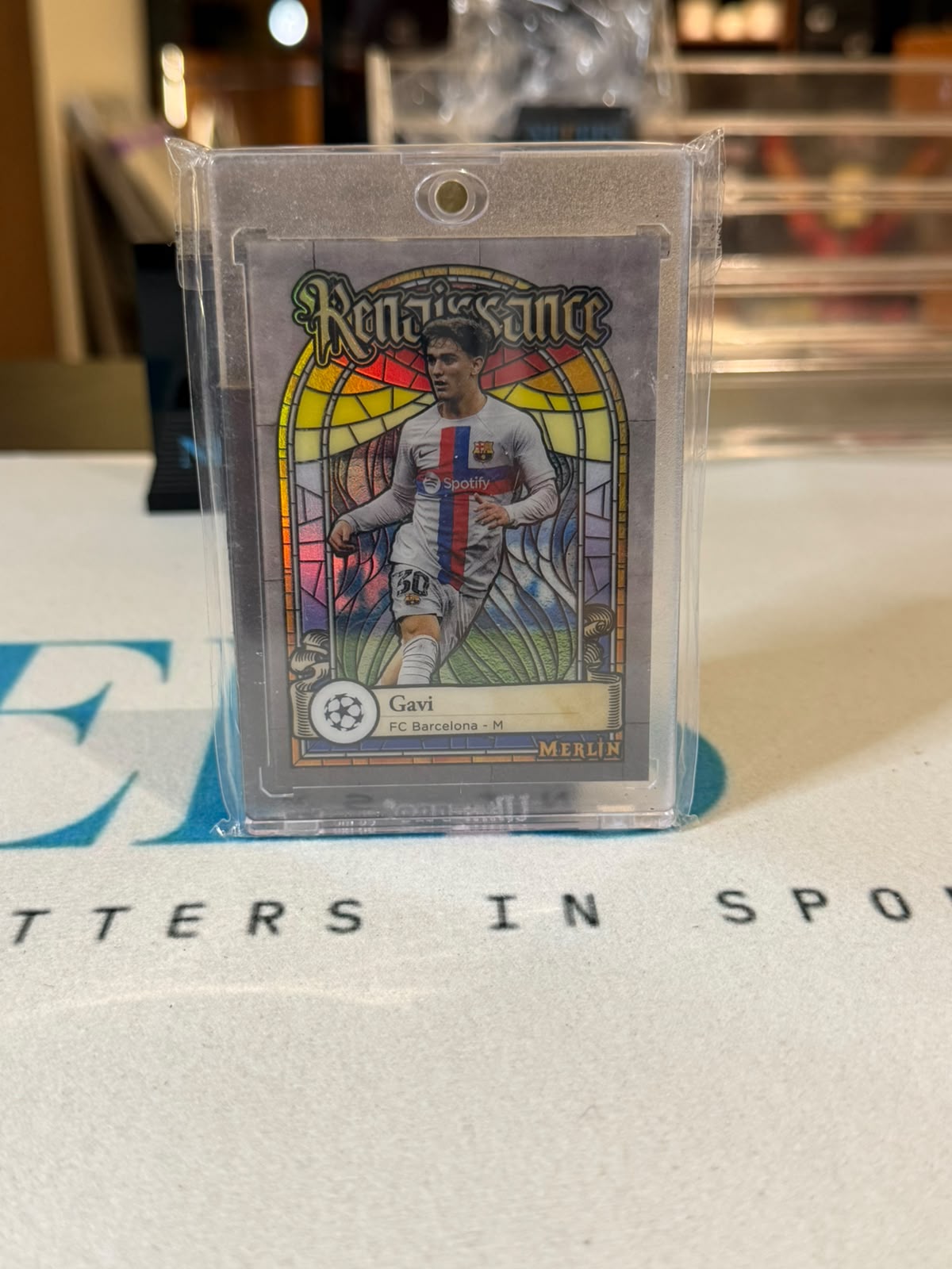Gavi Renaissance, stained-glass design – 2023 Topps Merlin UEFA Champions League – FC Barcelona trading card, front