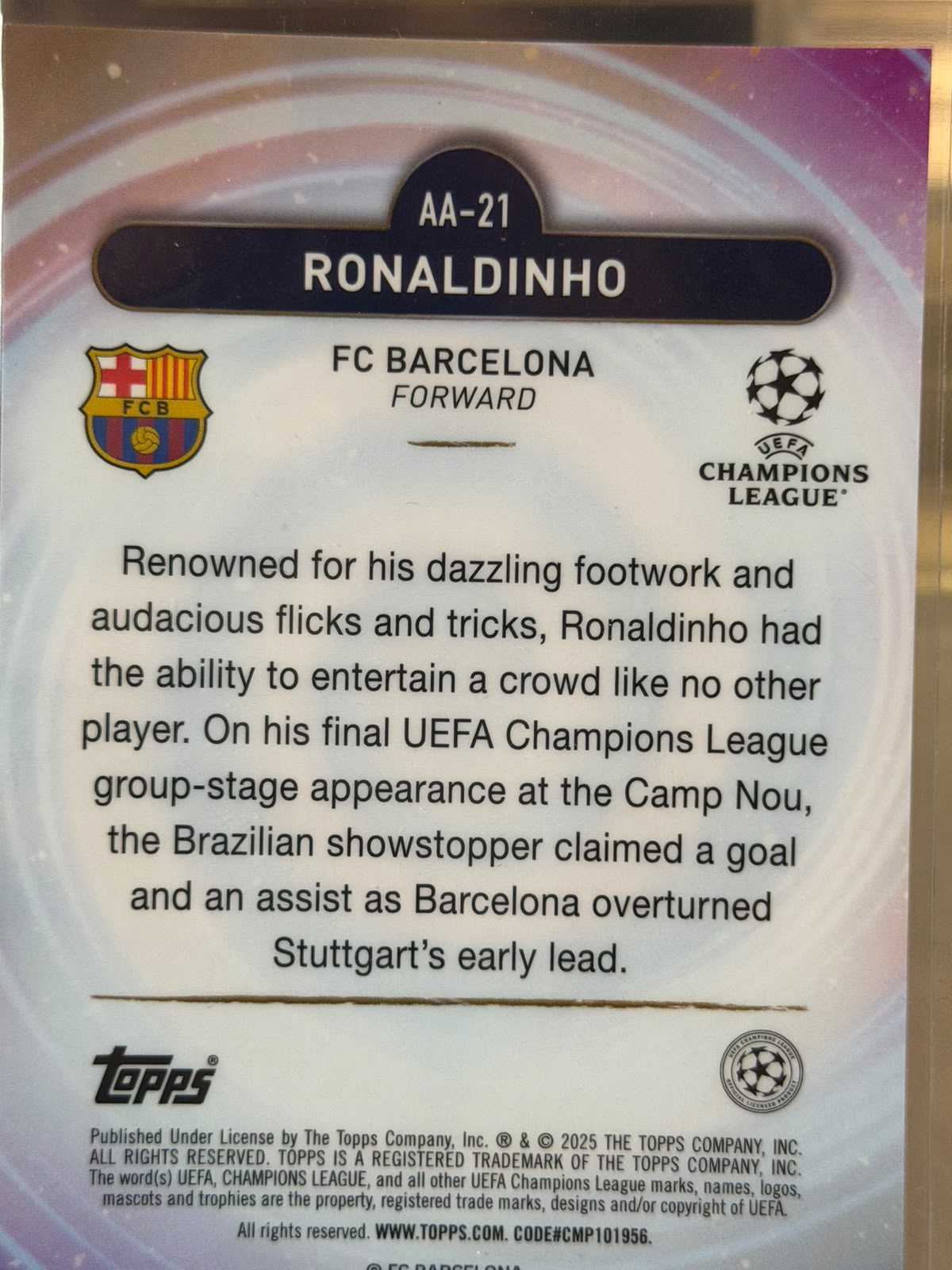 Ronaldinho 02/50 Ageless Alchemy – Topps Merlin UEFA Club Competitions 2024/25 – FC Barcelona trading card, back