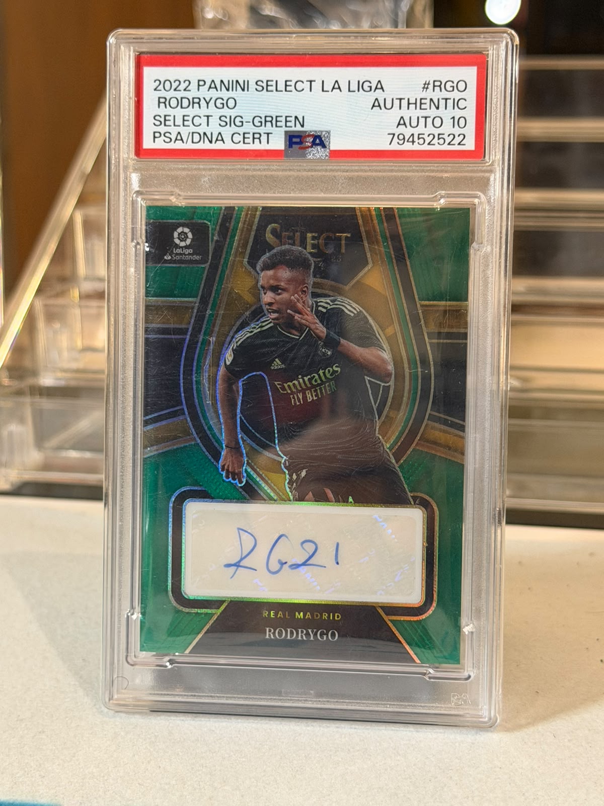 Rodrygo Real Madrid 2022-23 Panini Select La Liga Sig-Green parallel autograph #RGO 01/02 PSA Authenticated Auto Grade 10 slab front