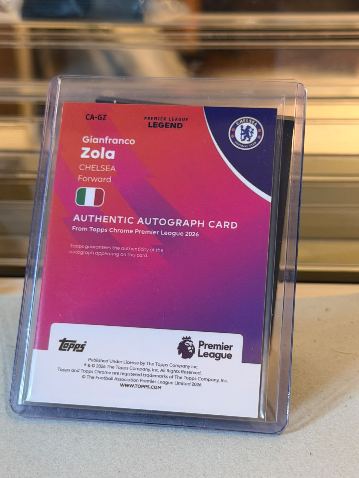 Gianfranco Zola 2026 Topps Chrome Premier League Legend Authentic Autograph Green Wave Prizm - back