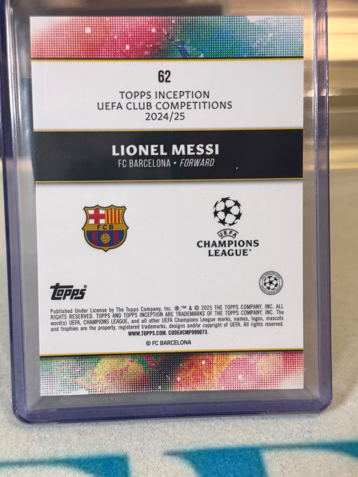 Lionel Messi 075/150 Inception Point (#62) – Topps Inception UEFA Club Competitions 2024/25 – FC Barcelona trading card, back