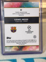 Lionel Messi 075/150 Inception Point (#62) – Topps Inception UEFA Club Competitions 2024/25 – FC Barcelona trading card, back
