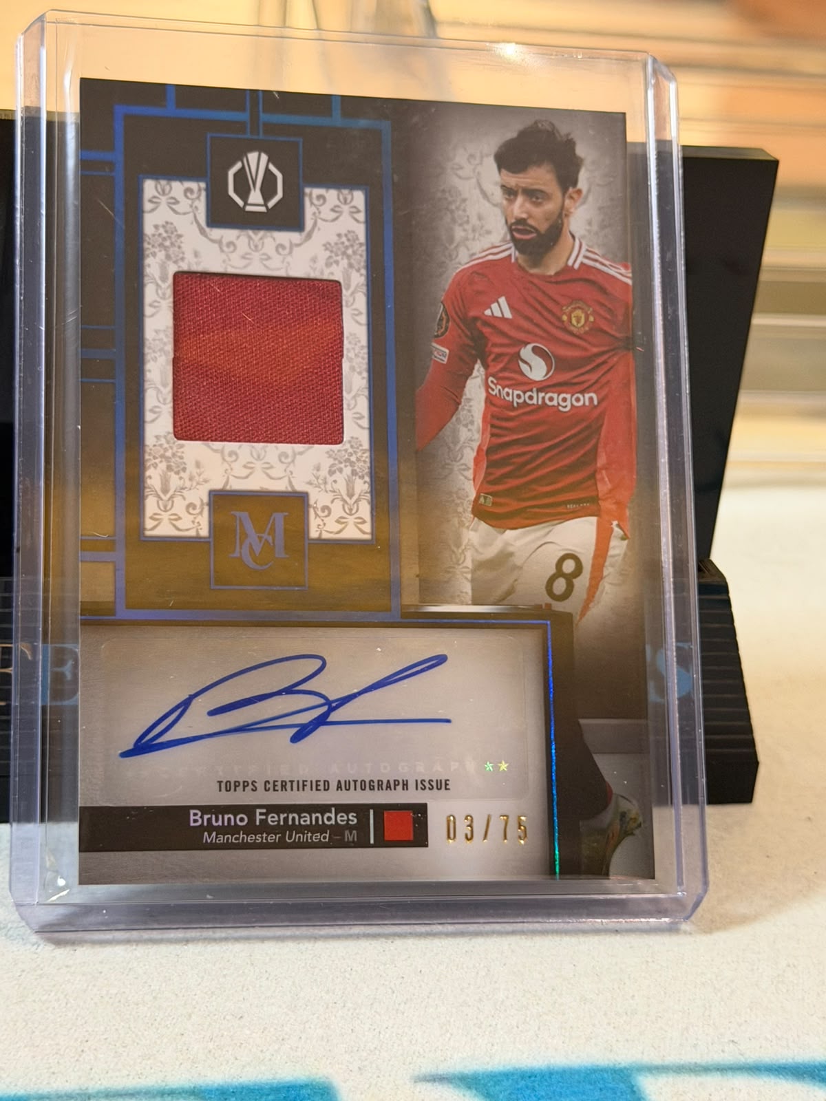 Bruno Fernandes 03/75 – Autograph Relic (Sapphire) Manchester United trading card, front