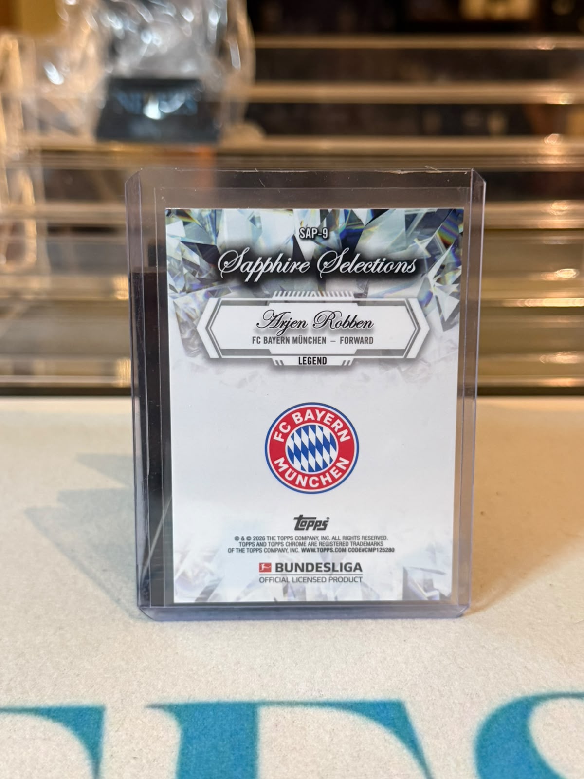 Arjen Robben Bayern Munich legend card, 2026 Topps Chrome Bundesliga, Sapphire Selections SAP-9 gold orange crystal refractor, serial 41/50, back