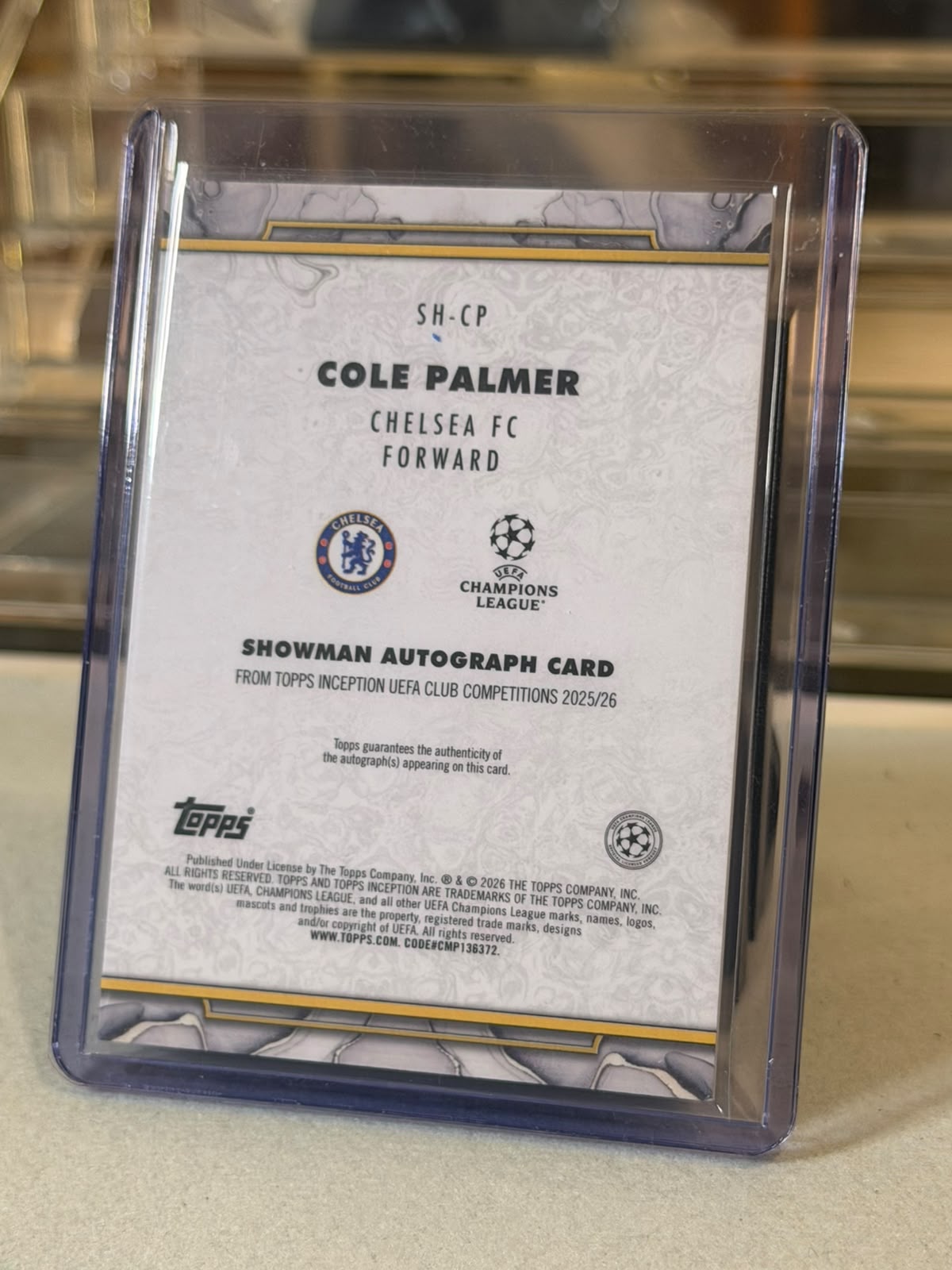 Cole Palmer Chelsea 2025-26 Topps Inception UEFA Club Competitions Showman Autograph Green Parallel 31/99 card back