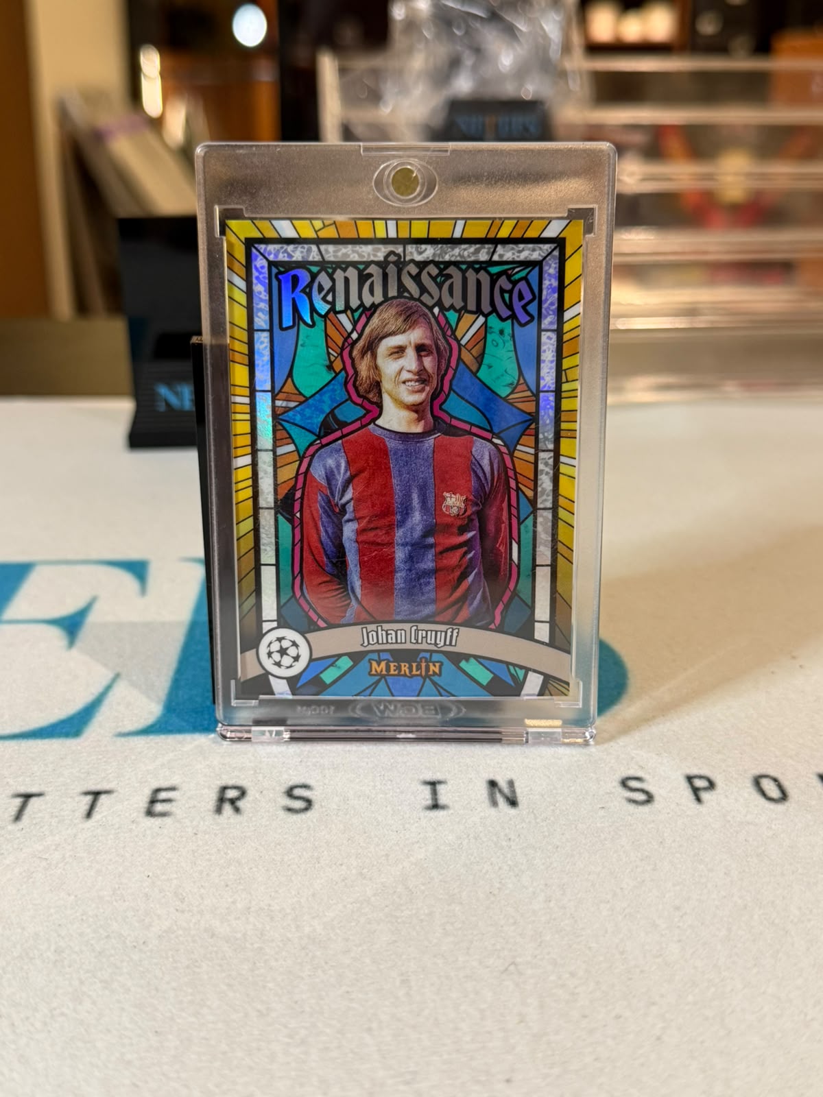 Johan Cruyff Renaissance, stained-glass design – 2025 Topps Merlin UEFA Champions League – FC Barcelona trading card, front