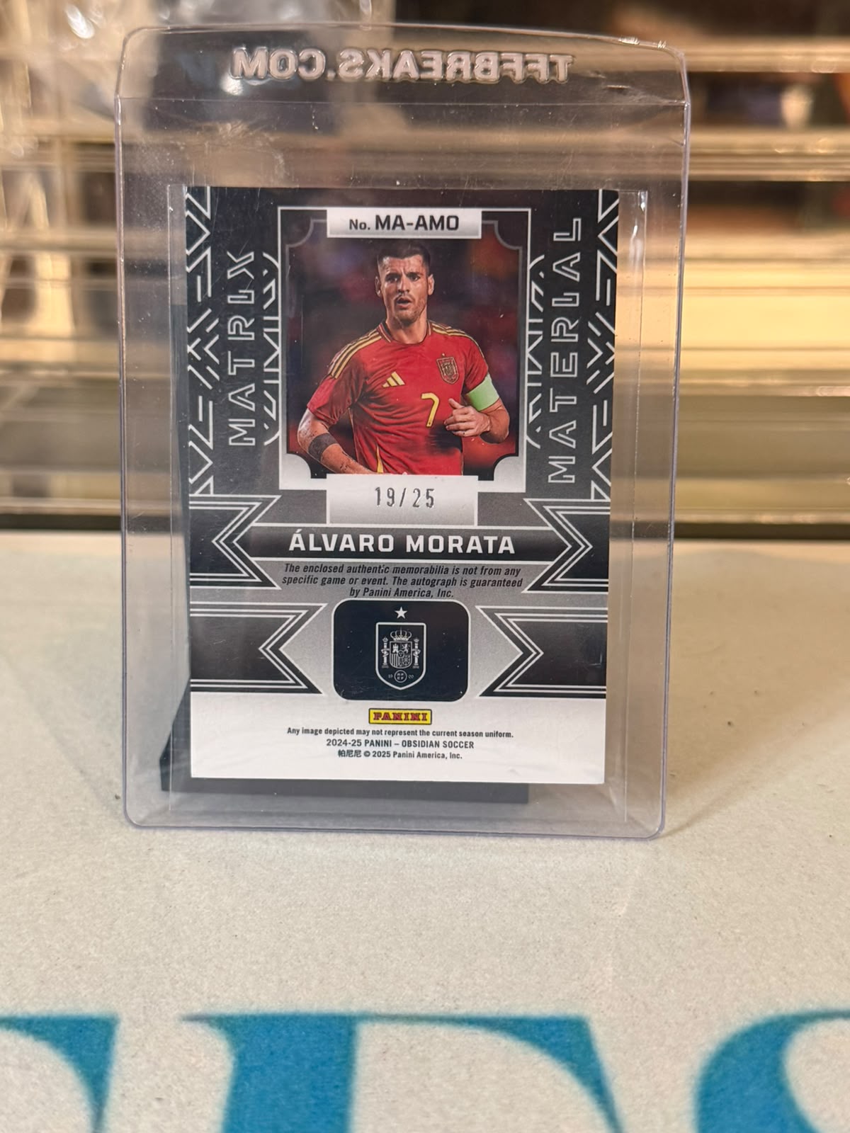 Alvaro Morata Spain 2024-25 Panini Obsidian Matrix Material Auto Relic 19/25 - back