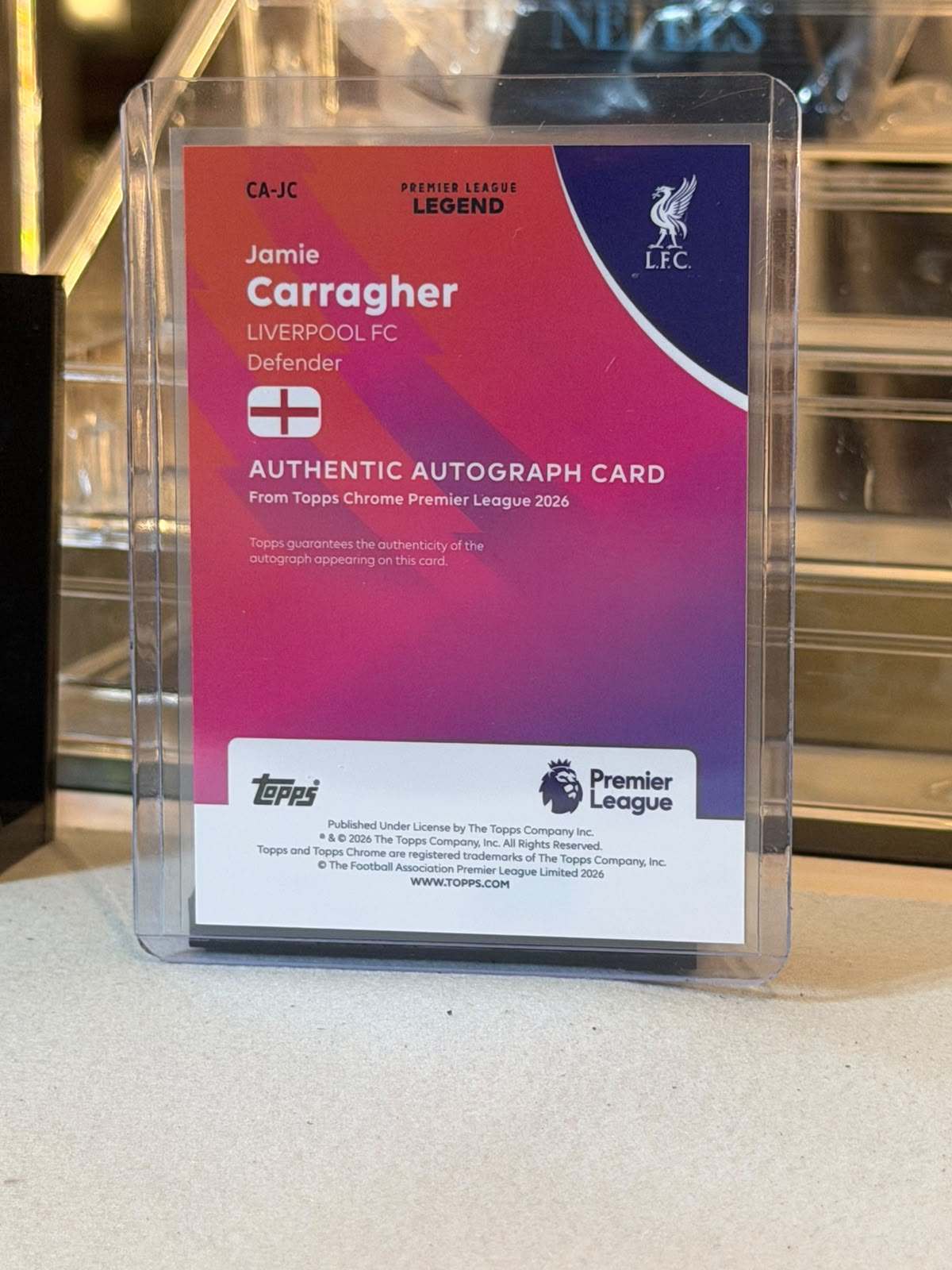 Jamie Carragher - 2026 Topps Chrome Premier League Premier League Legend Authentic Autograph Gold CA-JC 43/50 - Back