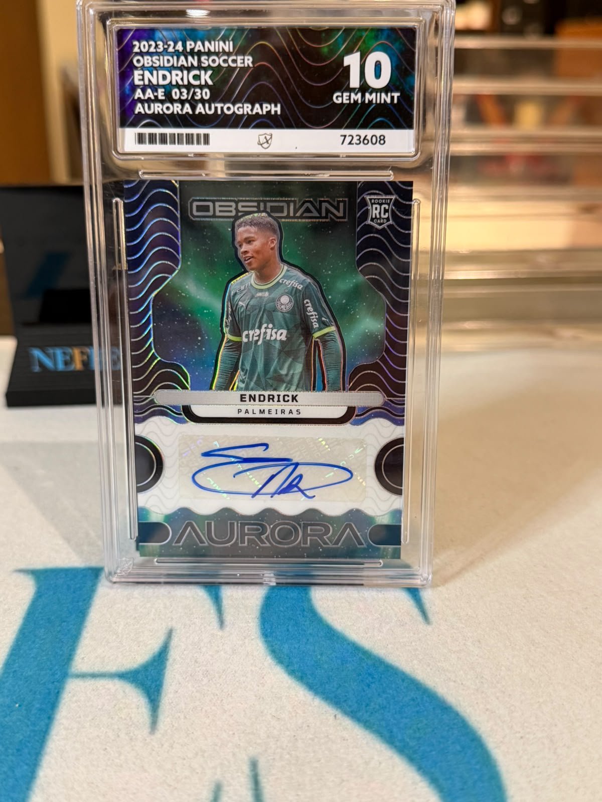 Endrick front - 2023-24 Panini Obsidian Soccer Aurora Autograph 03/30 ACE 10 GEM MINT