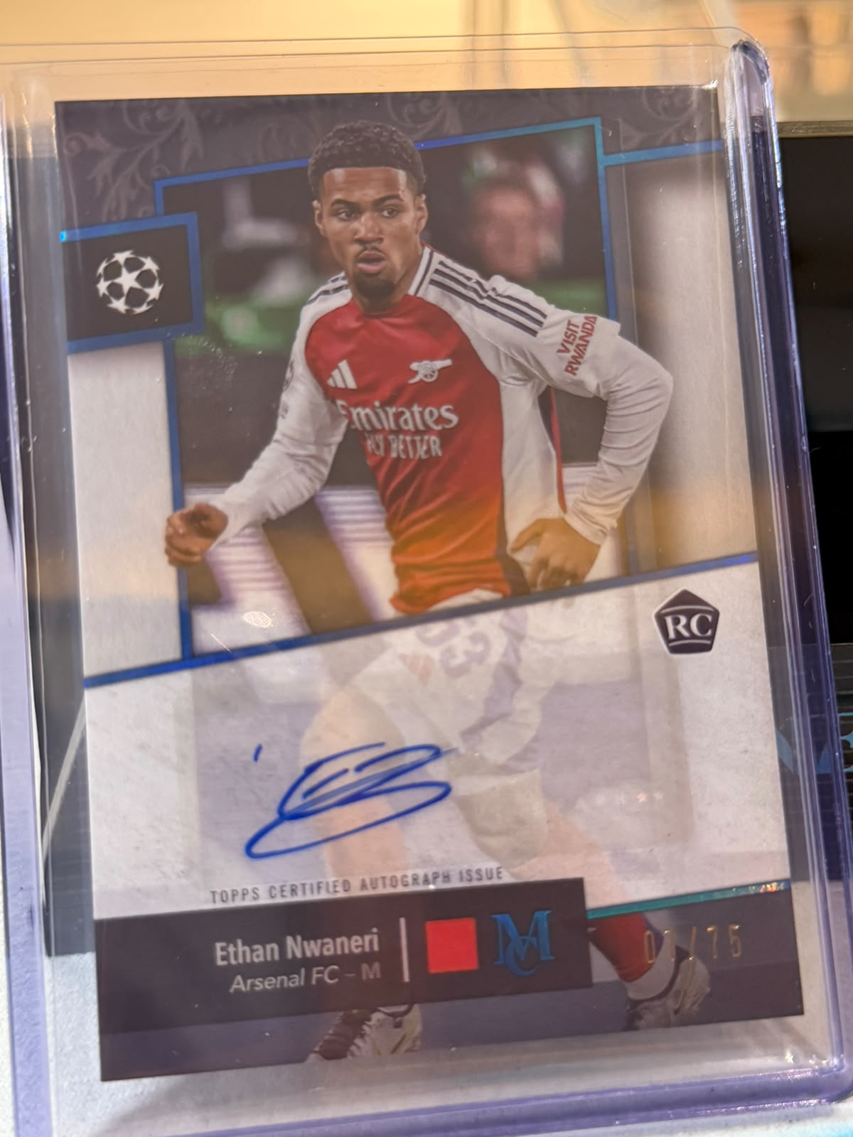 Ethan Nwaneri front - 2024/25 Topps Museum Collection UEFA Club Competitions Archival Autograph Sapphire 01/75