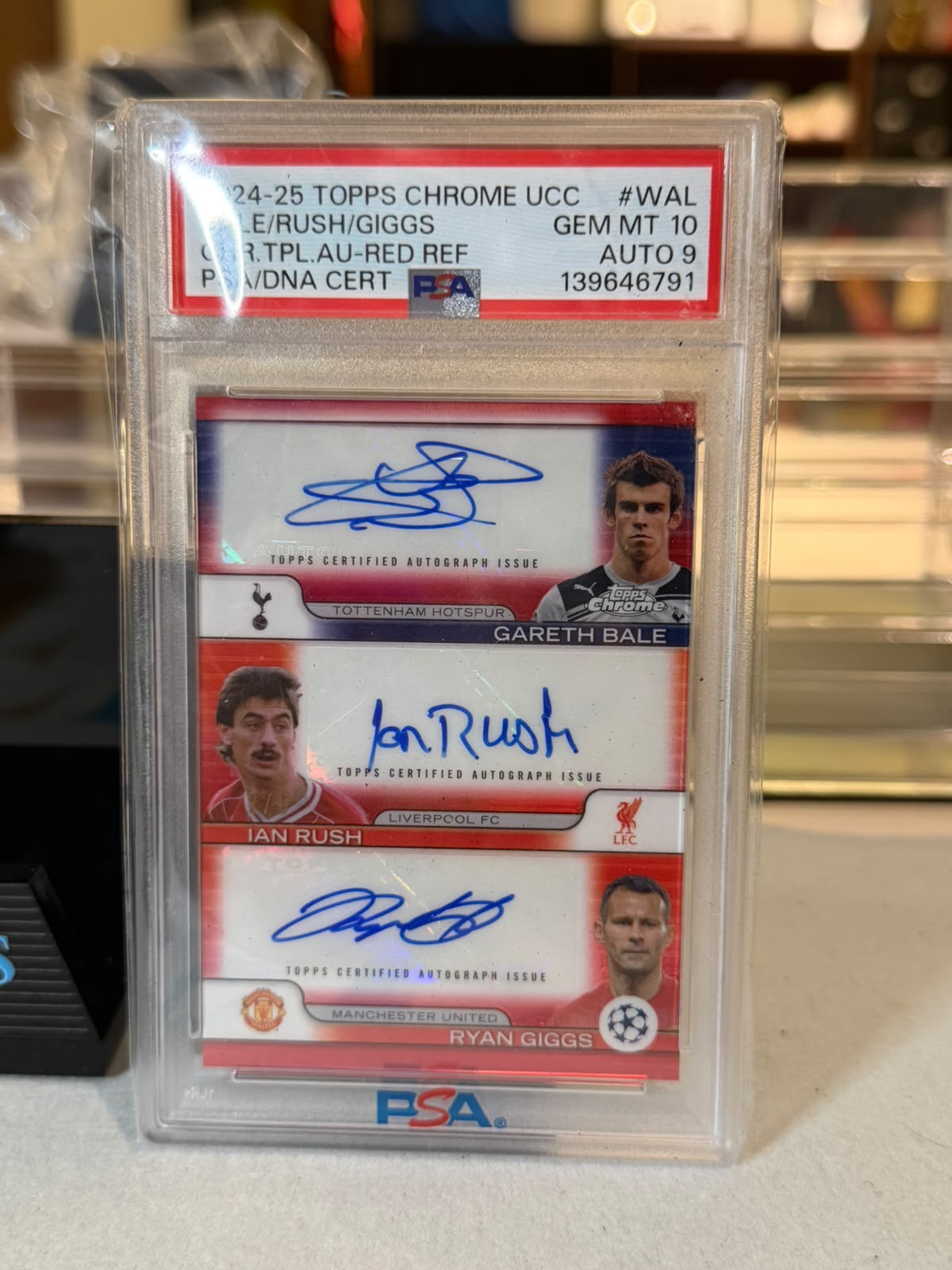 Gareth Bale, Ian Rush & Ryan Giggs Triple Autograph front - PSA slab