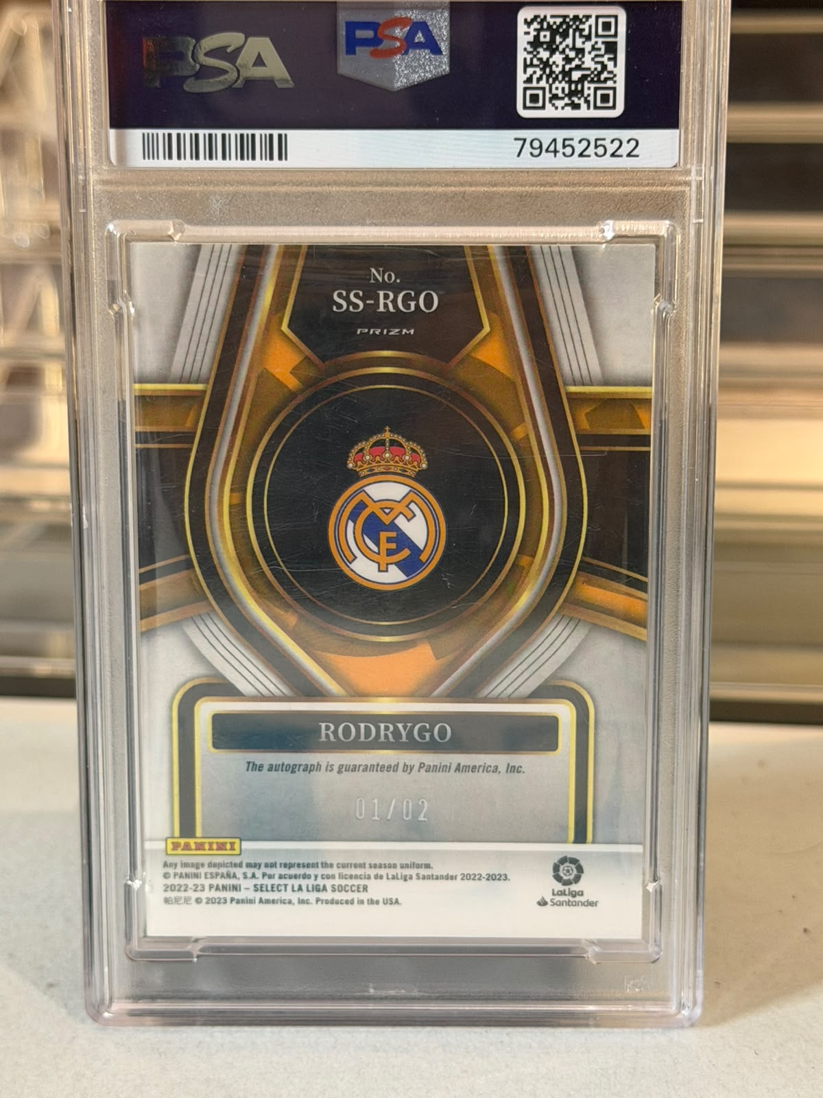 Rodrygo Real Madrid 2022-23 Panini Select La Liga Sig-Green parallel autograph #RGO 01/02 PSA Authenticated Auto Grade 10 slab back