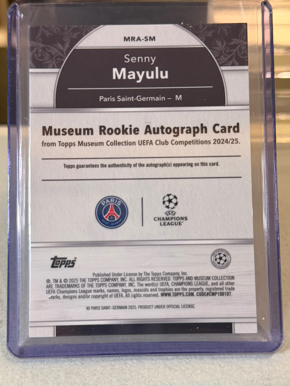 Senny Mayulu 59/99 Museum Rookie Autograph Amethyst 2024/25 Topps Museum Collection UEFA – PSG trading card, back