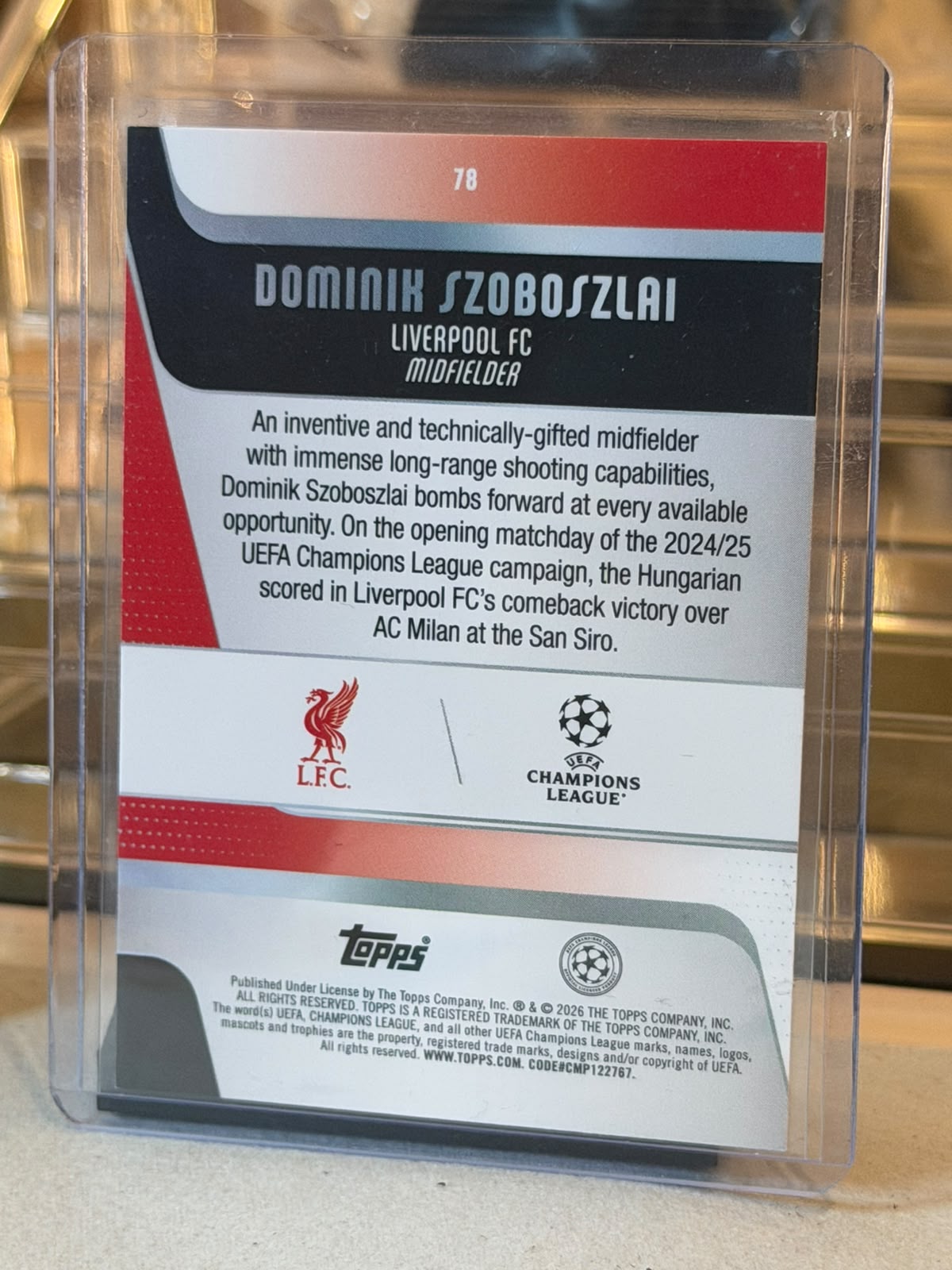 Dominik Szoboszlai C0000596 back - Dominik Szoboszlai 1/1 #78 – Liverpool – Gold Wave/Shimmer Parallel – 2025-26 Topps UEFA Champions League