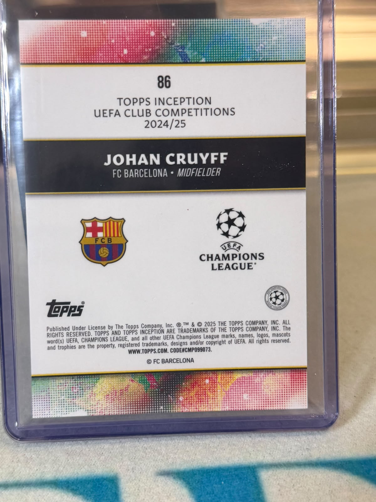 Johan Cruyff 64/75 Legacy (#86) – Topps Inception UEFA Club Competitions 2024/25 – FC Barcelona trading card, back