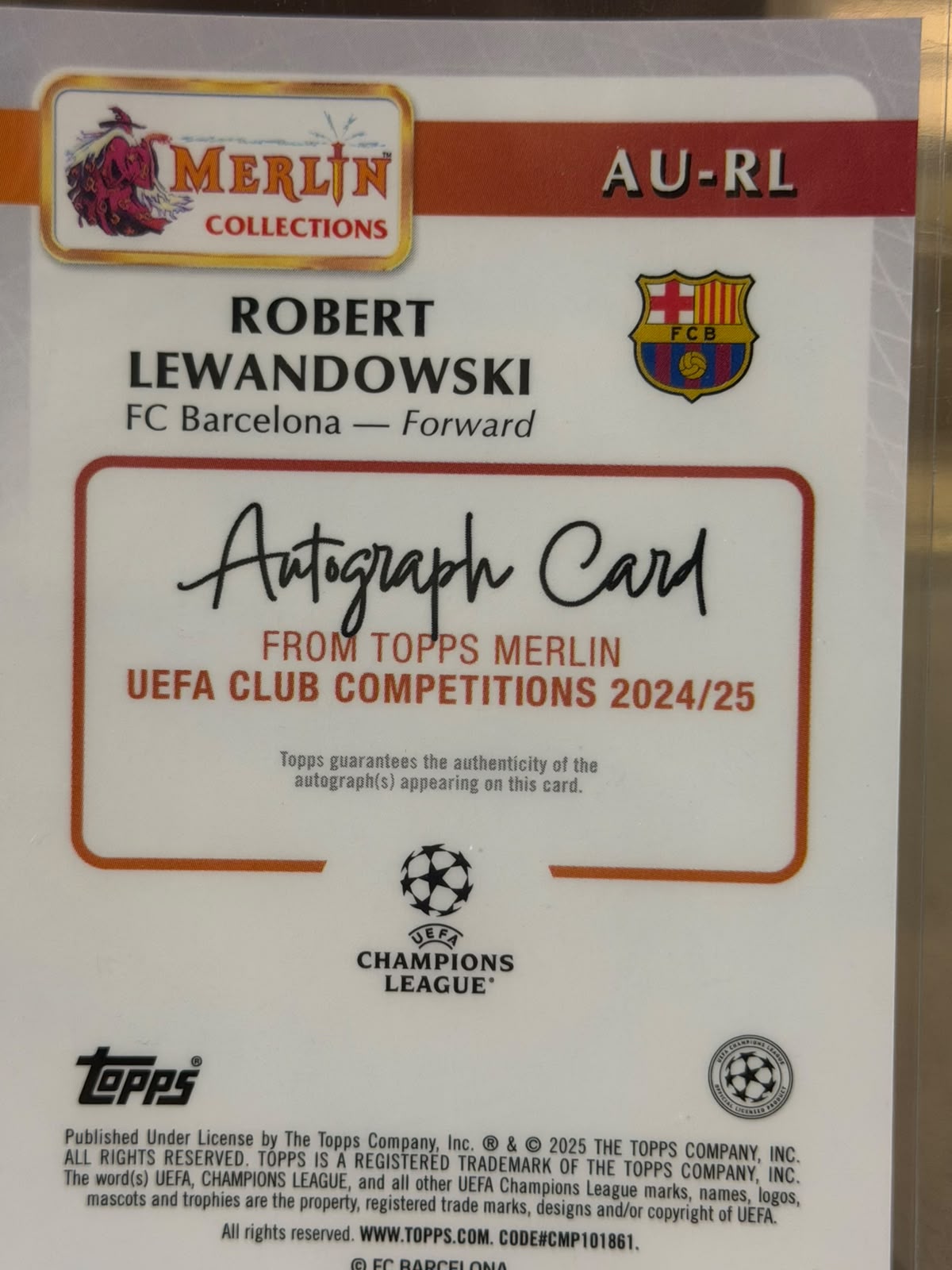 Robert Lewandowski 41/75 Autograph, teal/green refractor parallel – Topps Merlin UEFA Club Competitions 2024/25 – FC Barcelon