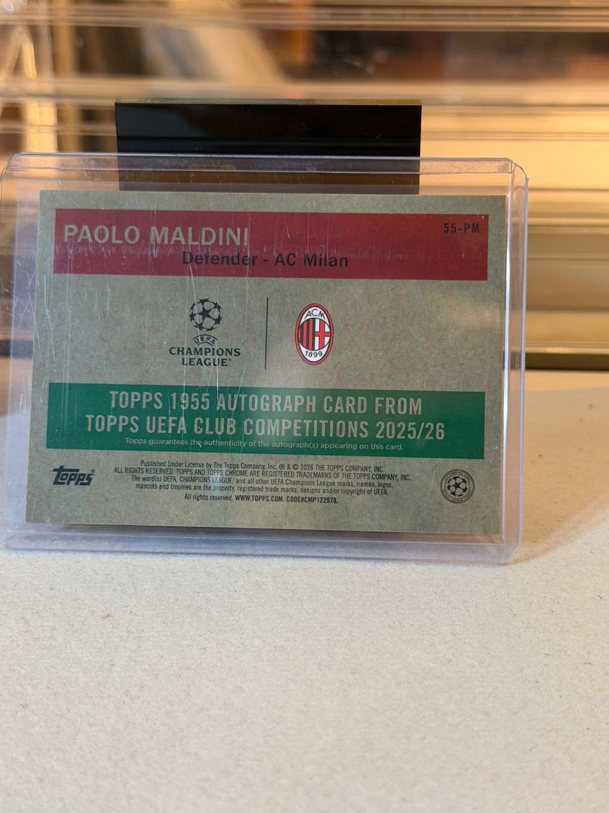 Paolo Maldini C0000602 back - Paolo Maldini 20/25 #55-PM – AC Milan – Topps 1955 Autograph Orange Refractor – 2025-26 Topps UEFA Club Competitions