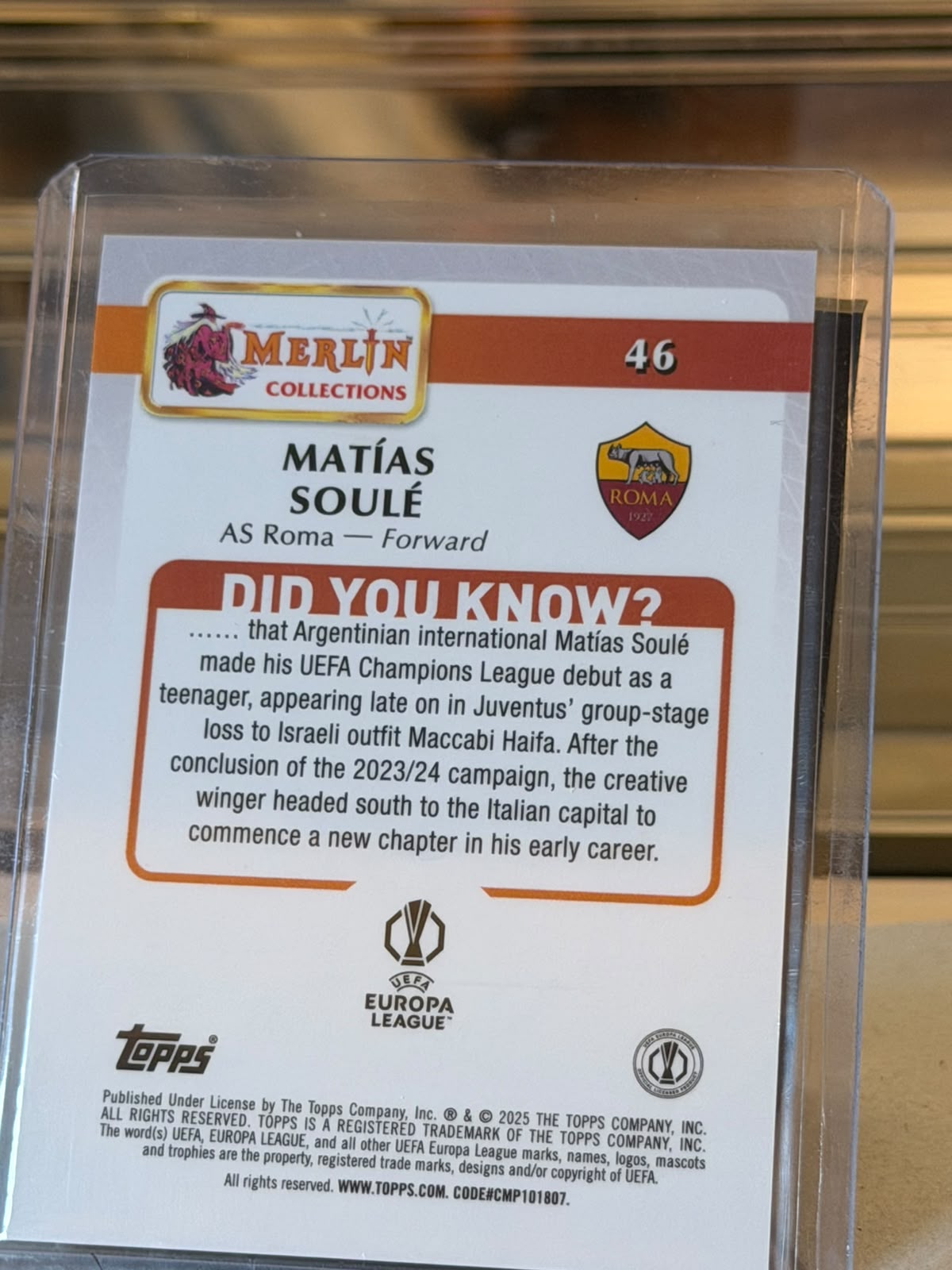 Matias Soule 2024/25 Topps Merlin Collections UEFA Europa League Merlin Gold parallel - back