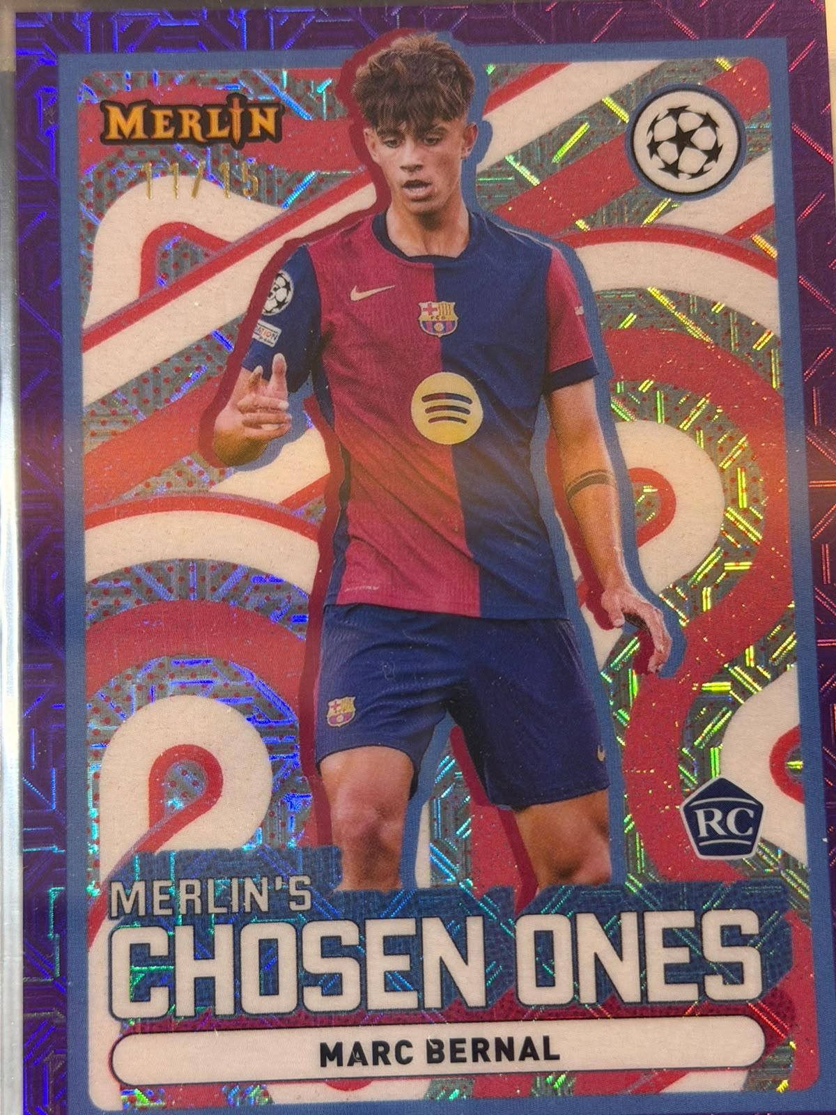 Marc Bernal 11/15 Merlin's Chosen Ones, purple/red foil parallel – Topps Merlin UEFA Club Competitions 2024/25 – FC Barcelona