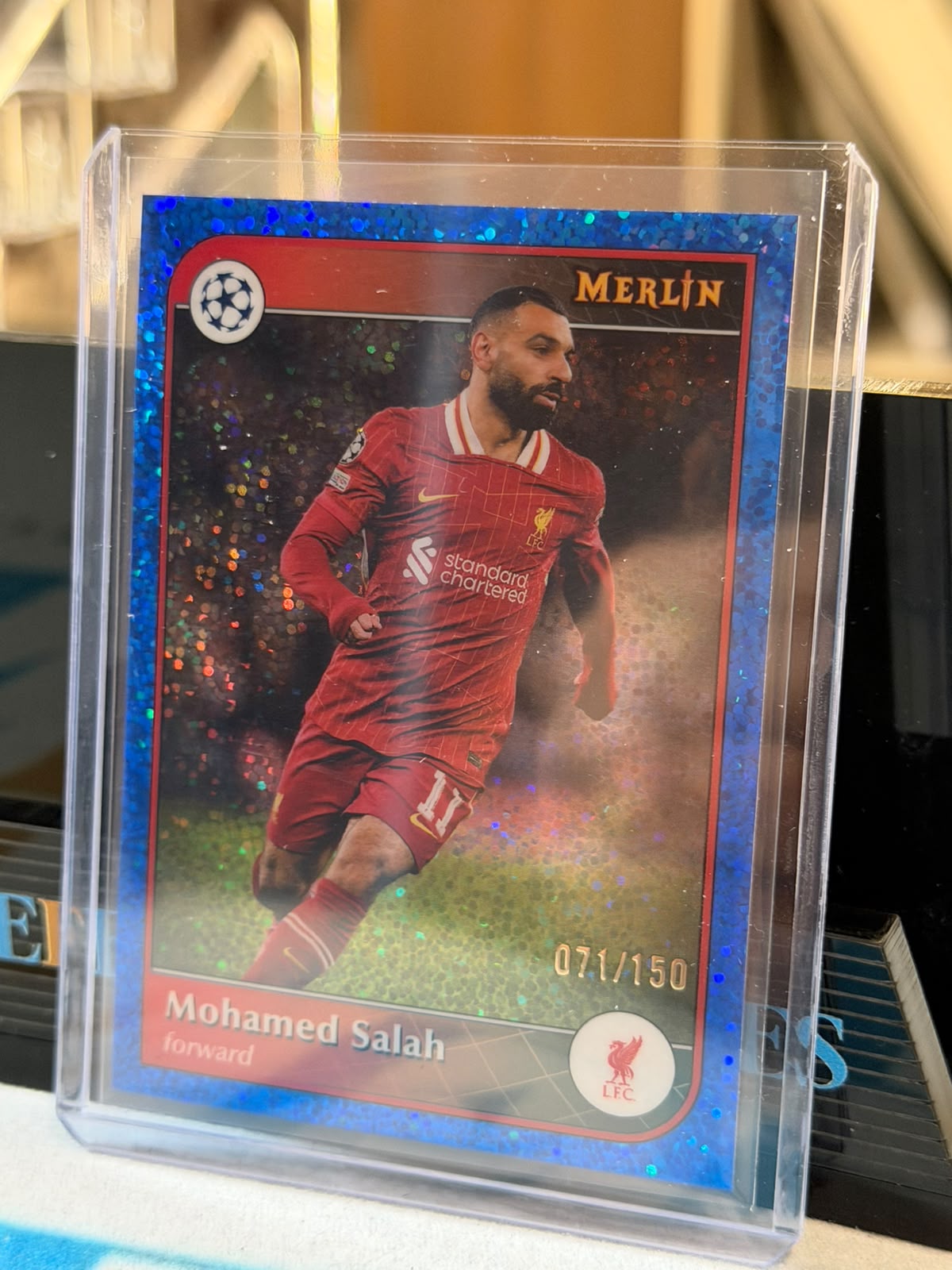 Mohamed Salah 071/150 Base #11, Blue Sparkle parallel – 2024/25 Topps Merlin, front