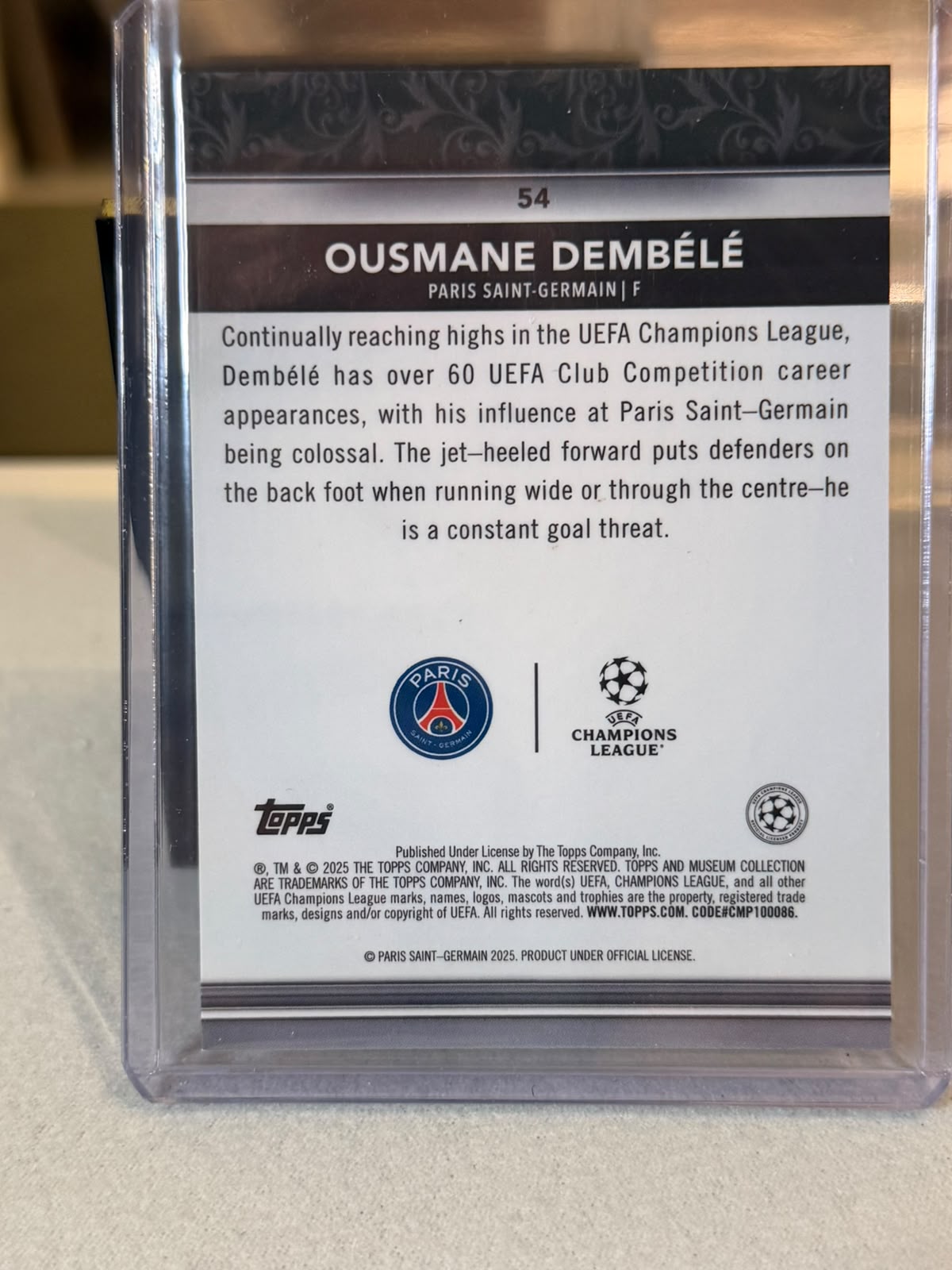 Ousmane Dembele 16/50 Gold base #54 2024/25 Topps Museum Collection UEFA – PSG trading card, back