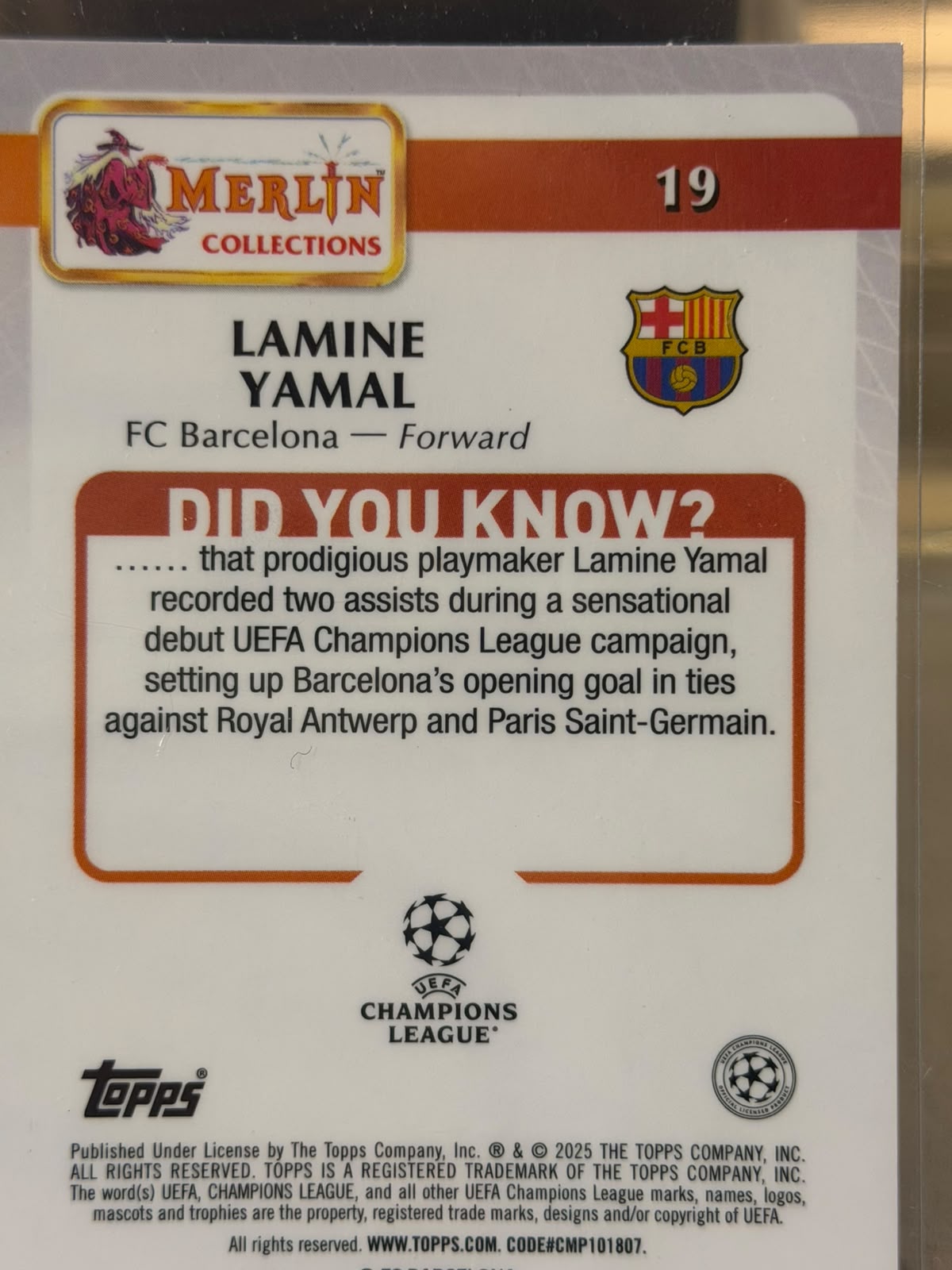 Lamine Yamal 110/125 Base card #19, red/maroon foil parallel – Topps Merlin Collections UEFA Club Competitions 2024/25 – FC B