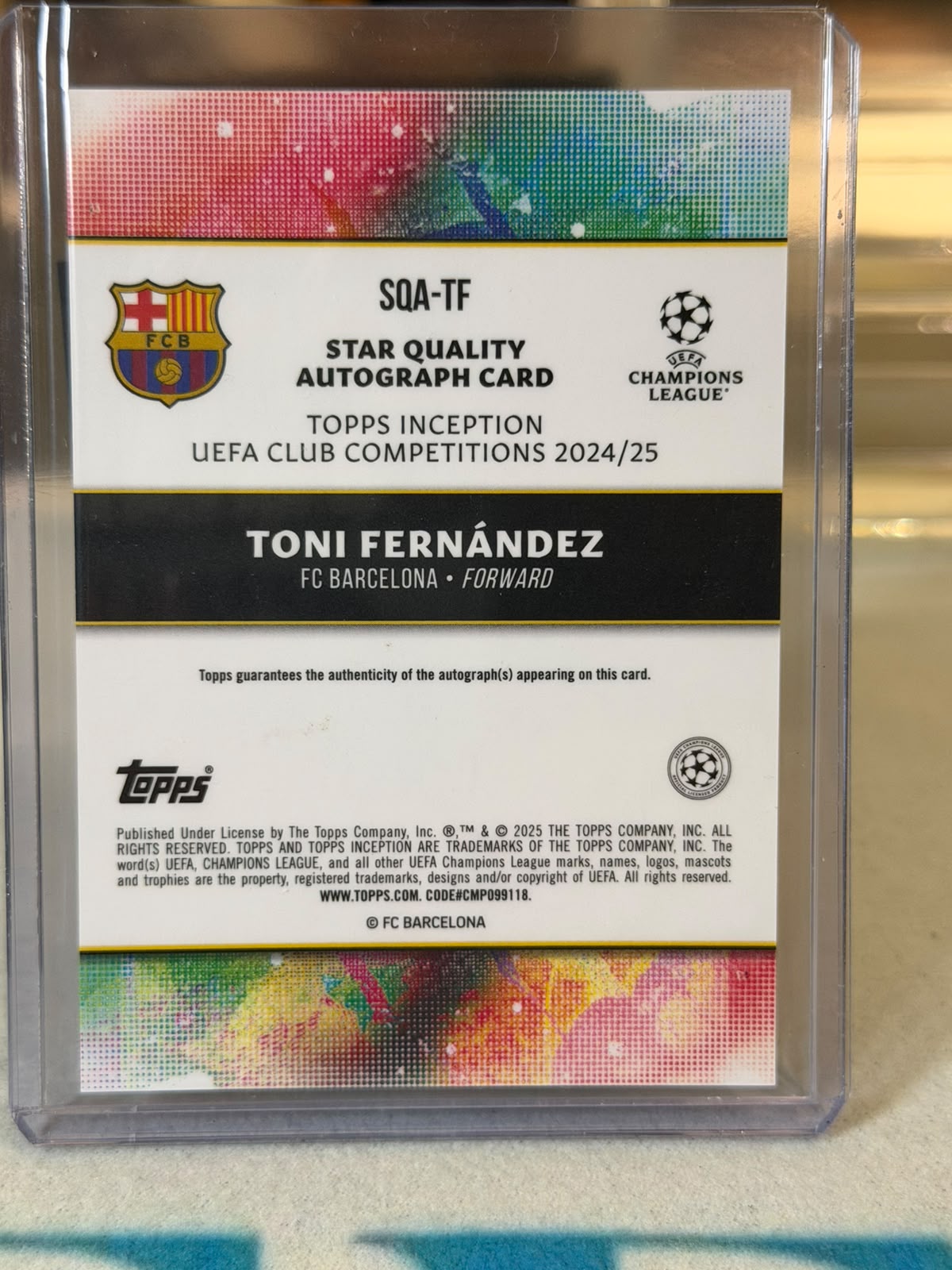 Toni Fernández 60/75 Star Quality Autograph – Topps Inception UEFA Club Competitions 2024/25 – FC Barcelona trading card, bac
