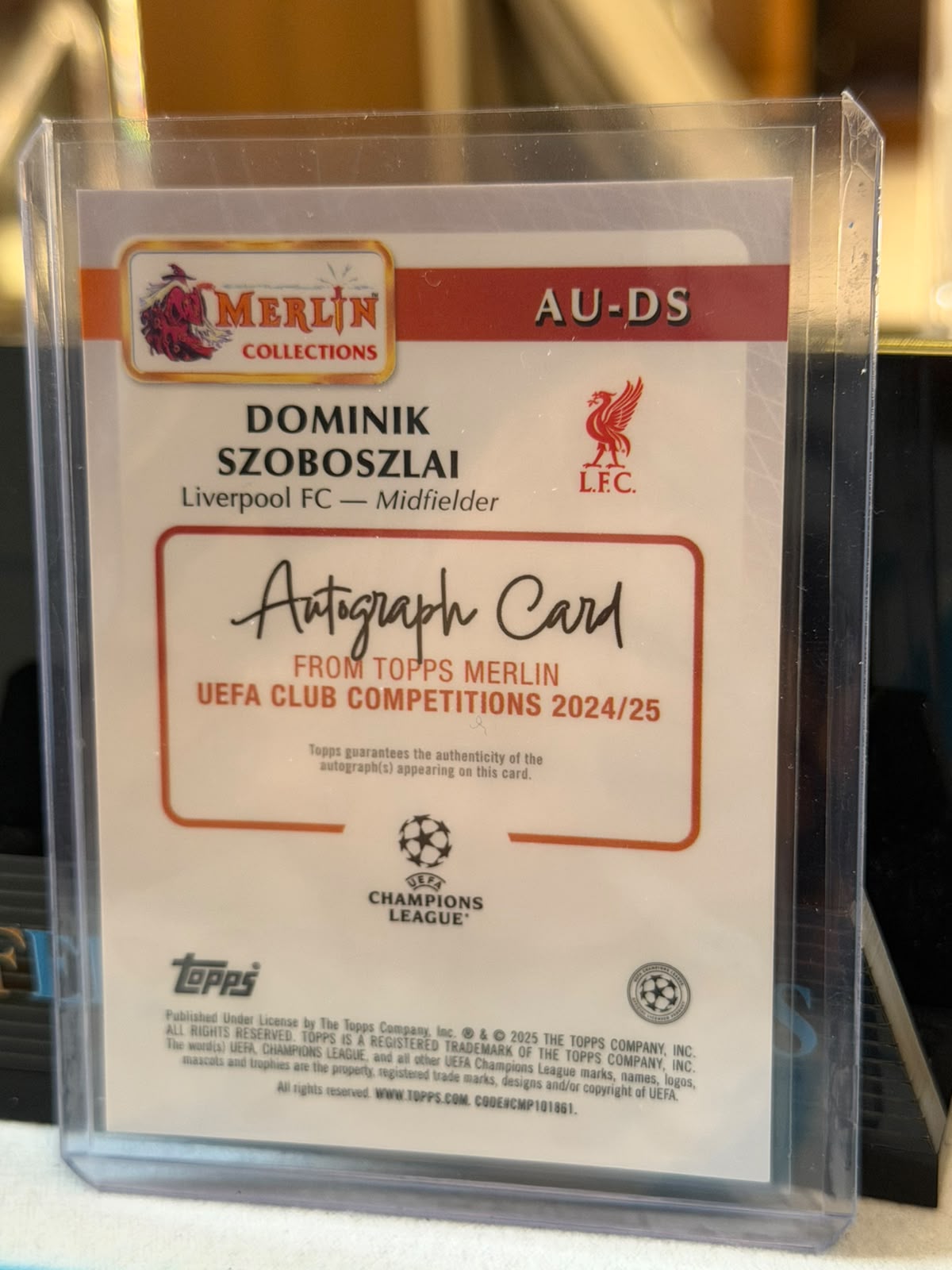 Dominik Szoboszlai 39/50 Autograph (AU-DS), Gold parallel – 2024/25 Topps Merlin UEFA Club Competitions, back