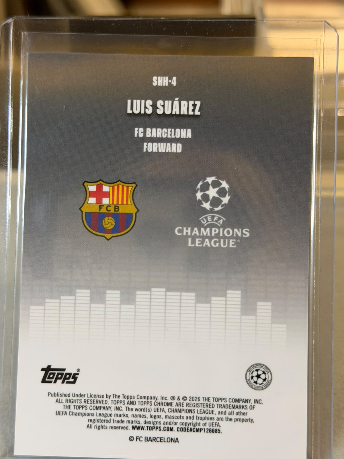 Luis Suárez 04/10 Silenced/Shh insert – Topps Chrome UEFA Club Competitions 2025/26 – FC Barcelona trading card, back