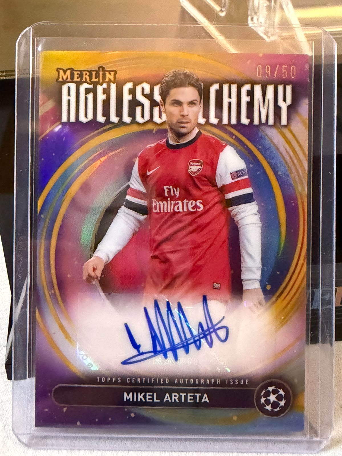 Mikel Arteta front - 2024/25 Topps Merlin UEFA Club Competitions Ageless Alchemy Autograph Gold 09/50