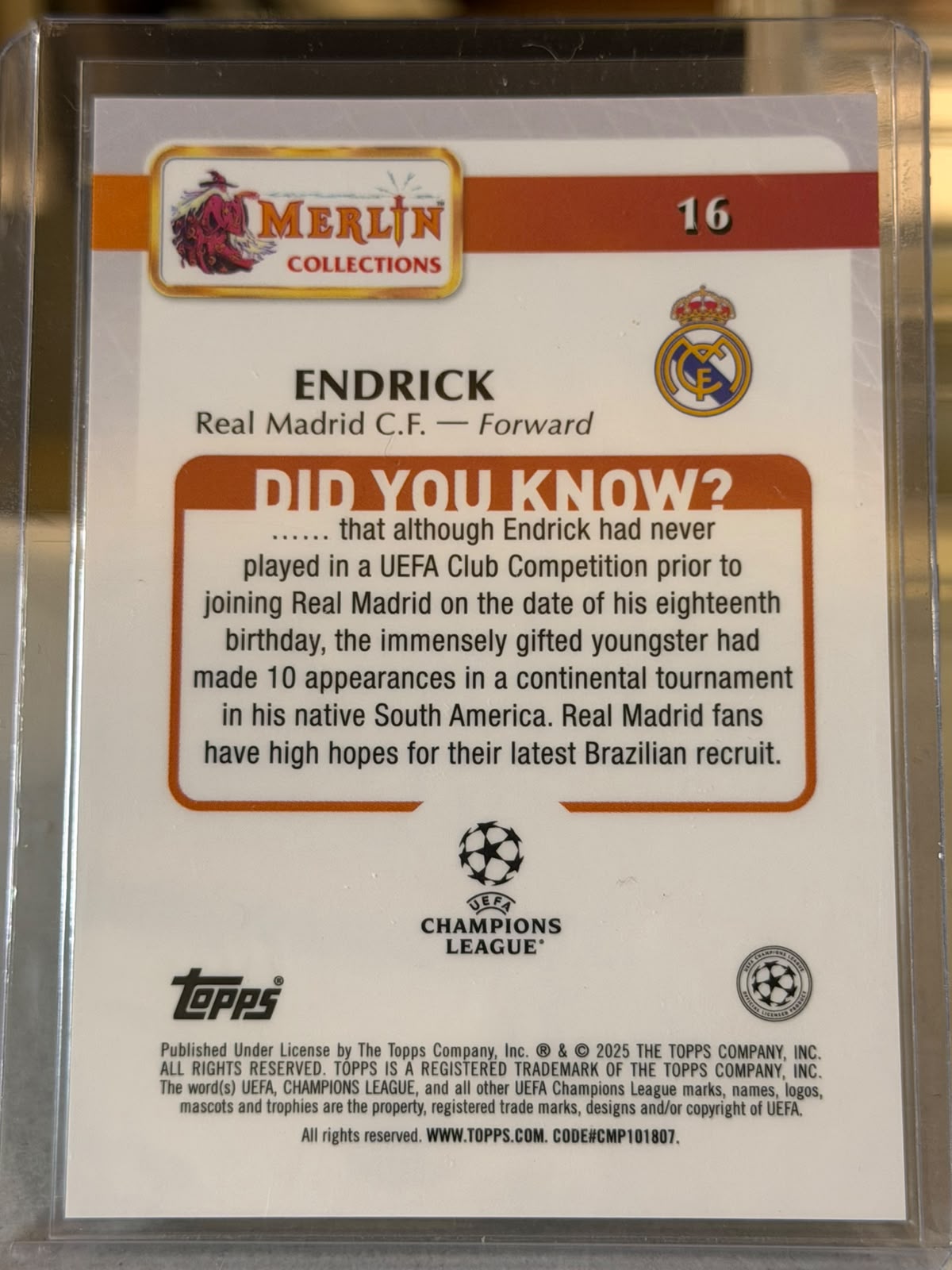 Endrick back - 2024/25 Topps Merlin UEFA Club Competitions base #16 64/75