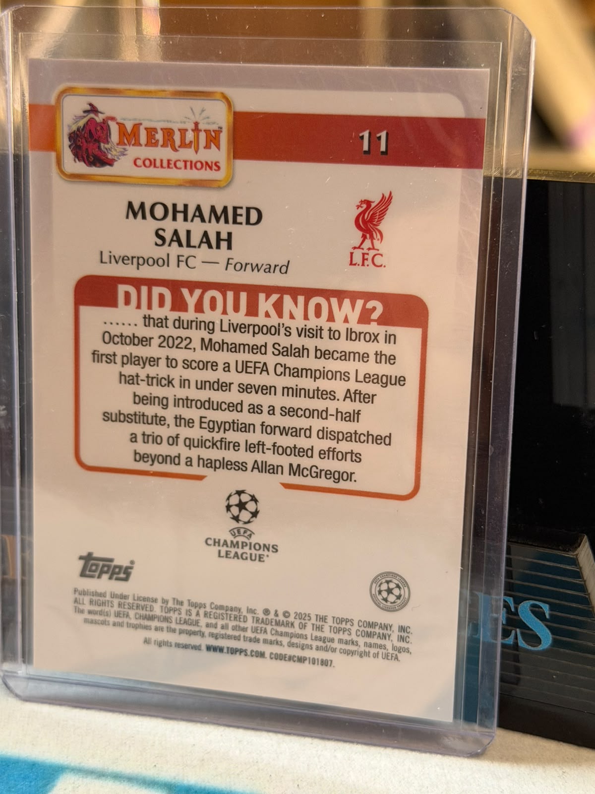 Mohamed Salah 108/199 Base #11, Pink Cracked Ice parallel – 2024/25 Topps Merlin, back