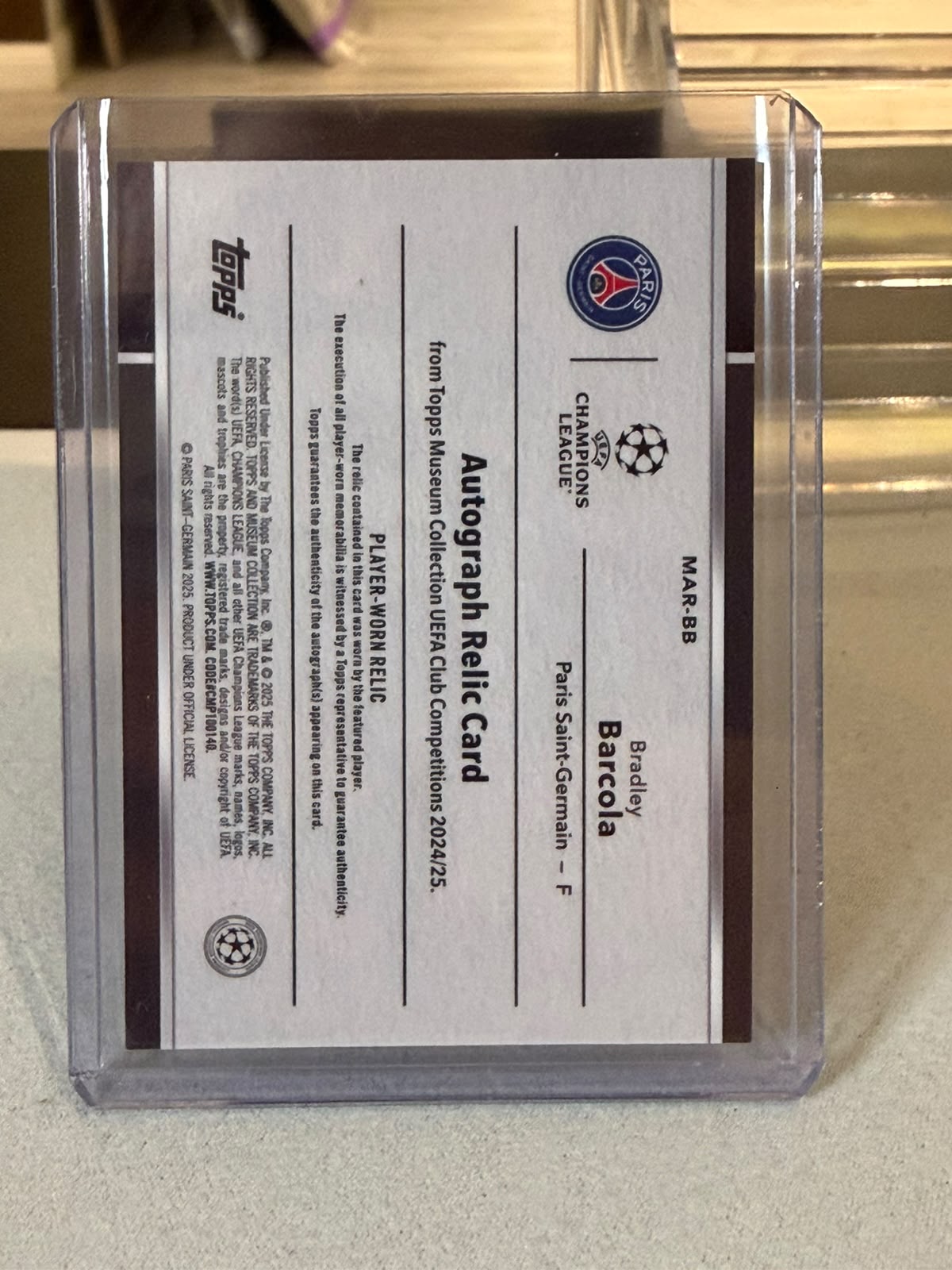 Bradley Barcola 211/299 Museum Autograph Relic Rose Quartz 2024/25 Topps Museum Collection UEFA – PSG trading card, back