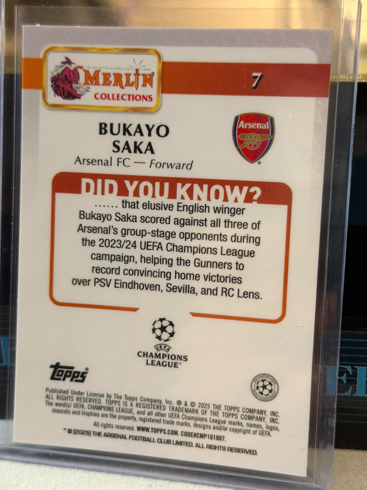 Bukayo Saka back - 2024/25 Topps Merlin UEFA Club Competitions Aqua Refractor #7 07/75