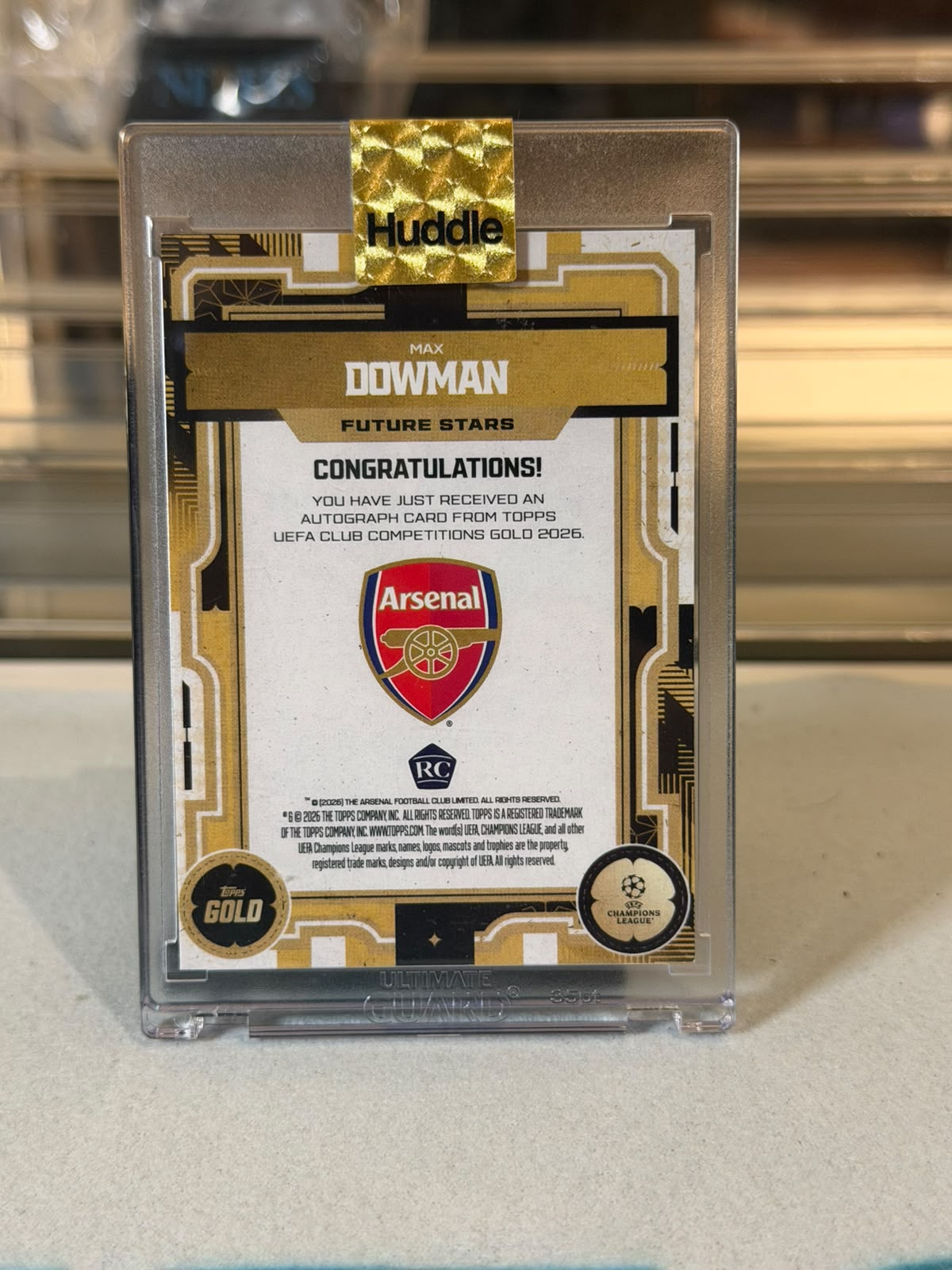 Max Dowman Arsenal Topps UEFA Club Competitions Gold Future Stars 1 of 1 rookie autograph card back